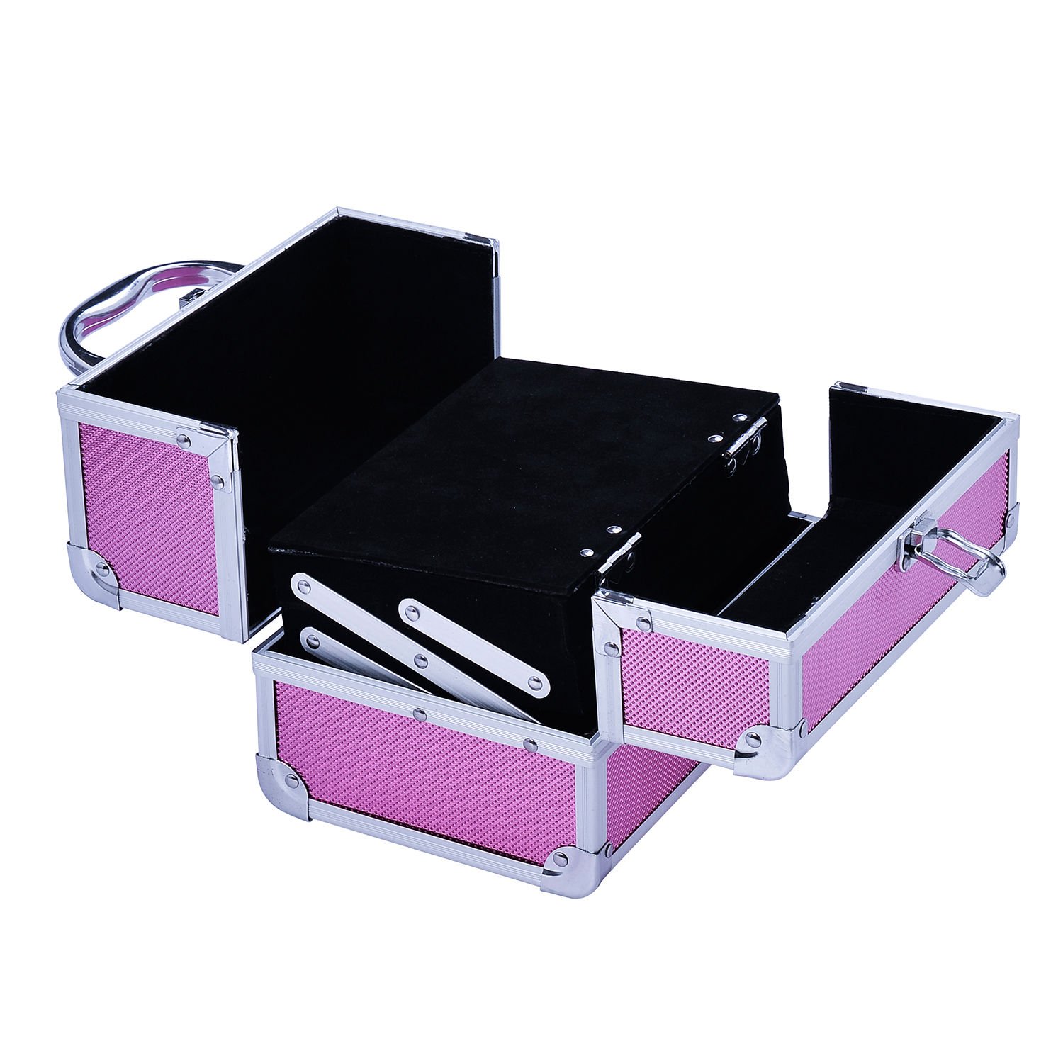 HOMCOM Maletín Maquillaje Profesional Portátil 20x15x15 cm Rosa | Estuche de Cosmético, Bandejas de 3 Niveles, Espejo, 2 Llaves, para Joyero, Manicura, Viaje