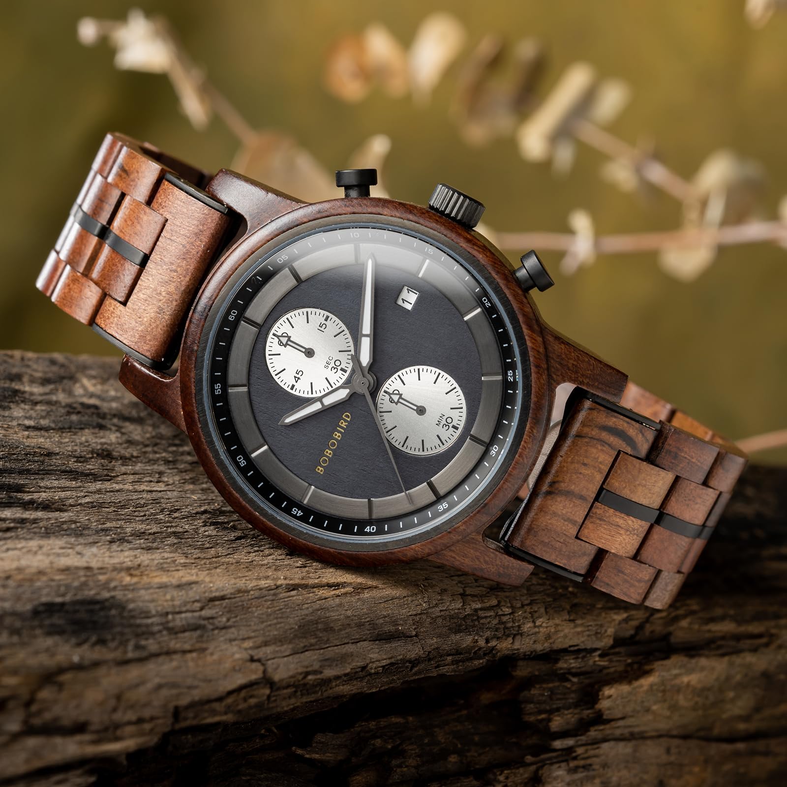 BOBO BIRD Orologio cronografo da uomo in legno, cassa in legno naturale da 44 mm, movimento al quarzo giapponese, orologio casual da donna, regalo per lui