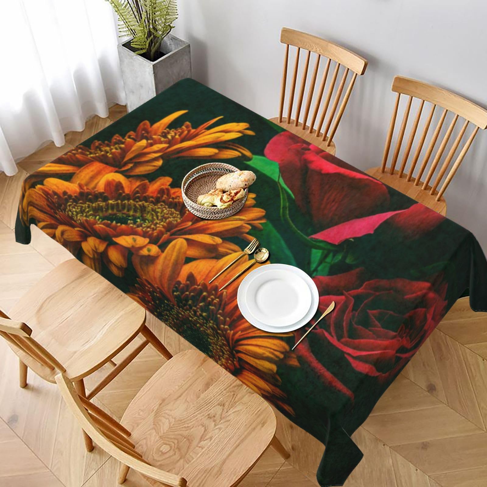 BNVSADC Sunflower and Rose Printed Rectangle Tablecloth 228x152 CM, Water Resistant Polyester Table Cloth Decorative Fabric Table Covers for Kitchen Dining Table Parties Camping