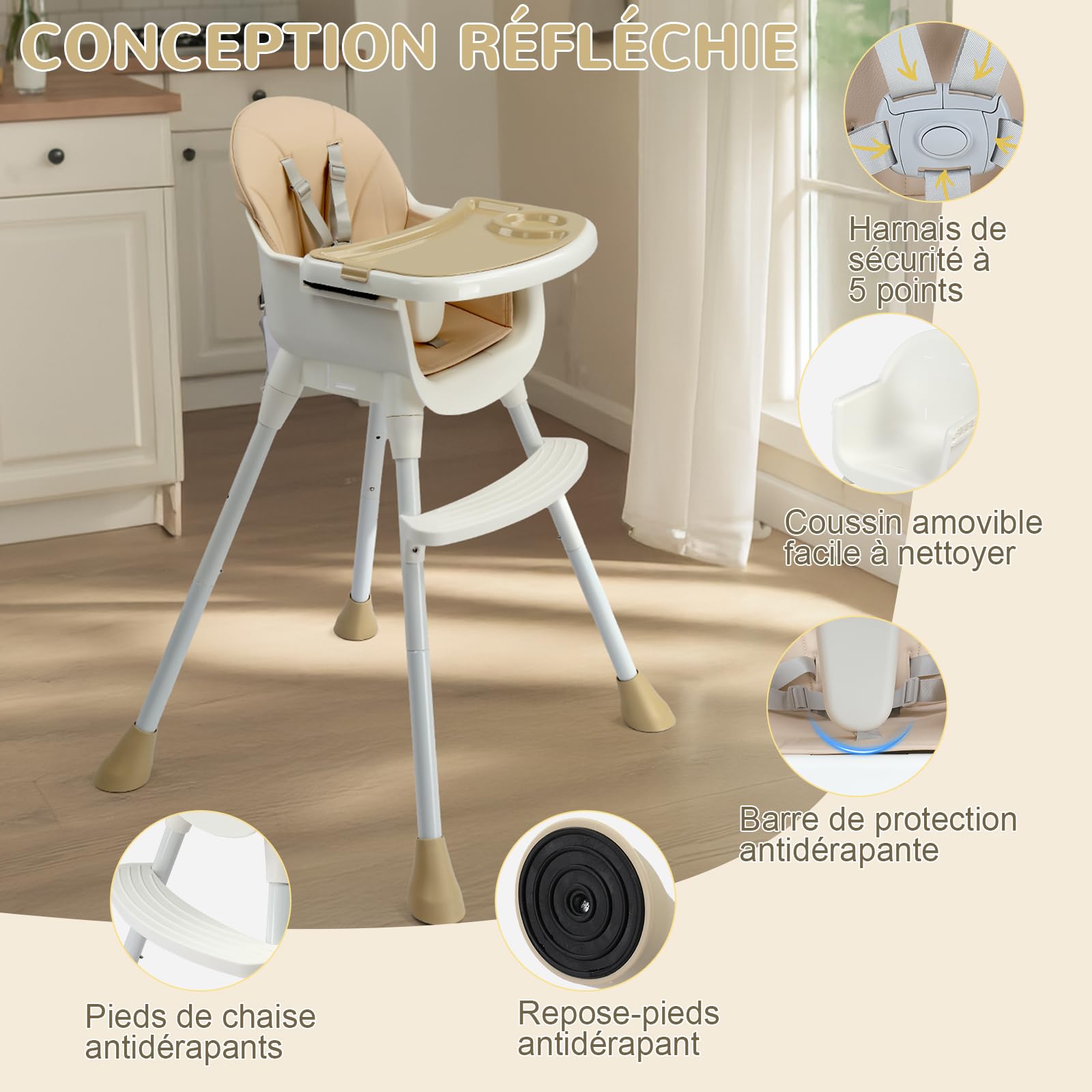 LEADZM 3 en 1 Chaise Haute Bébé, Tabouret bas Variable, Double Plateau Amovible, avec Ceinture de Sécurité à 5 Points, Charge Maximale 15 kg, Convient aux Bébés de 6 à 36 Mois (Beige)