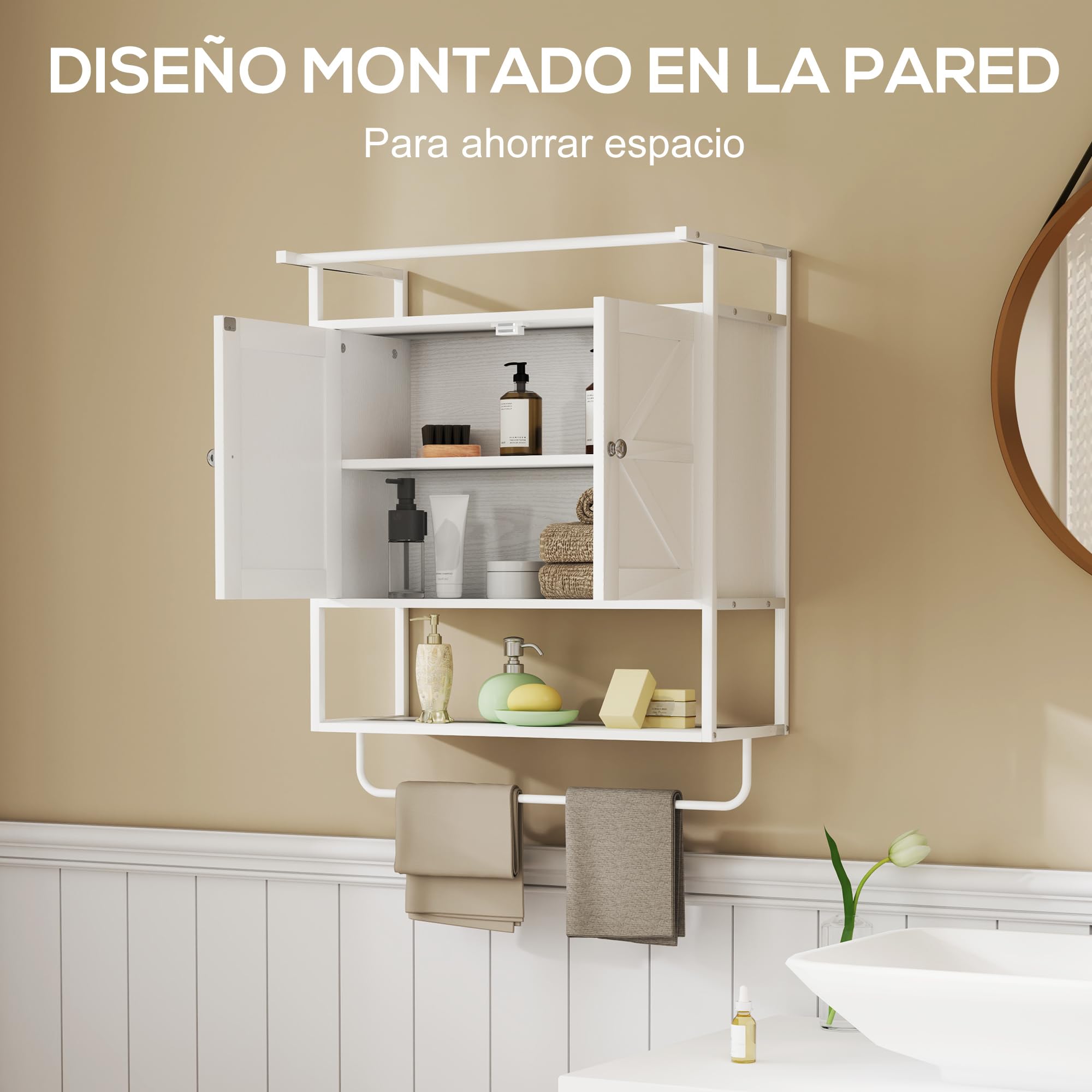 HOMCOM Armario de Pared para Baño Multiusos Armario Colgante de Almacenamiento Mueble de Baño Suspendido con Estante Toallero 2 Puertas 63x34x75 cm Blanco