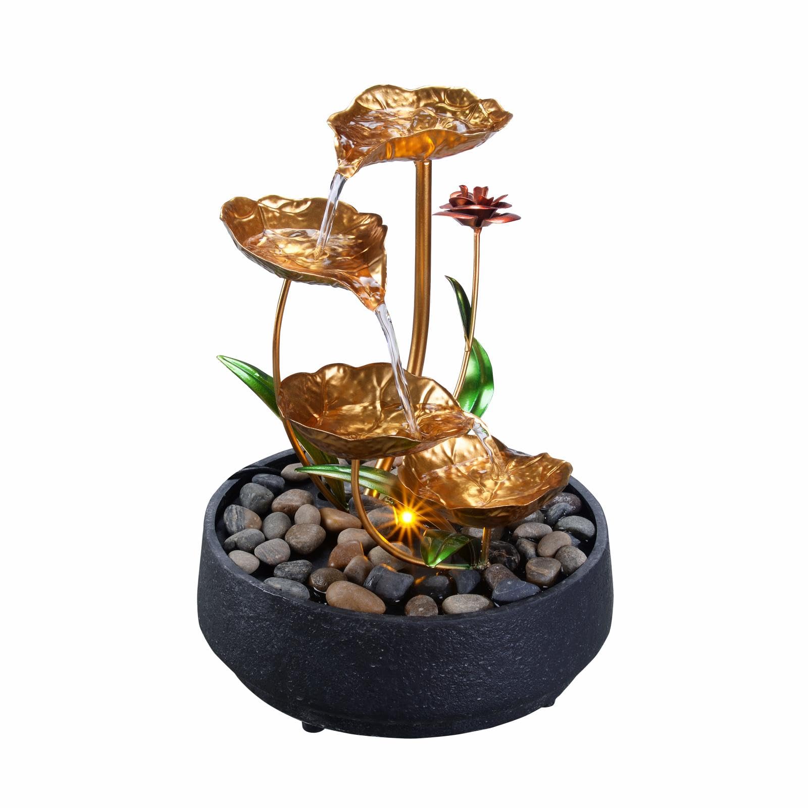 MSEONWXI Tabletop Fountain Metal Lotus Circulating Fountain Water Feature for Zen Home Decor Warm Yellow Scene Light(23034)