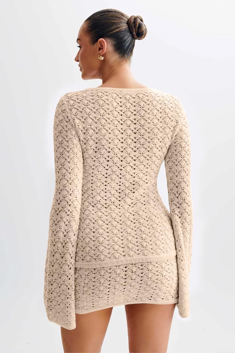 Women Crochet 2 Piece Outfits Set Swimwear Cover Up Flared Long Sleeve Button Down Tops Beach Mini Skirt Vacation Outfits - Image 2