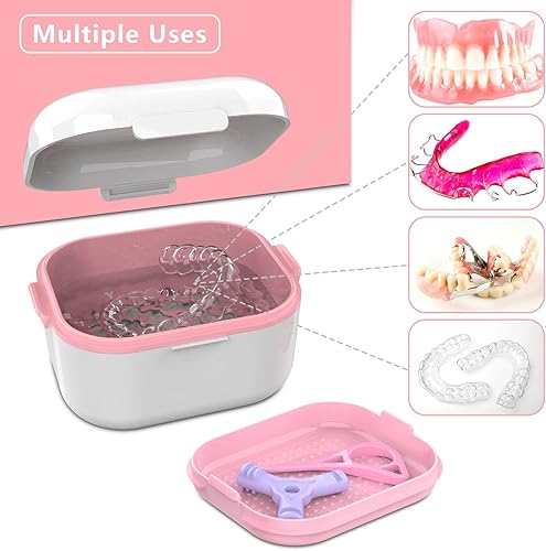 Miniatura 10 de BVN Estuche para prótesis dentales de baño Taza de dentadura para remojar dentaduras, Estuche limpiador de retenedores con espejo, estuche protector
