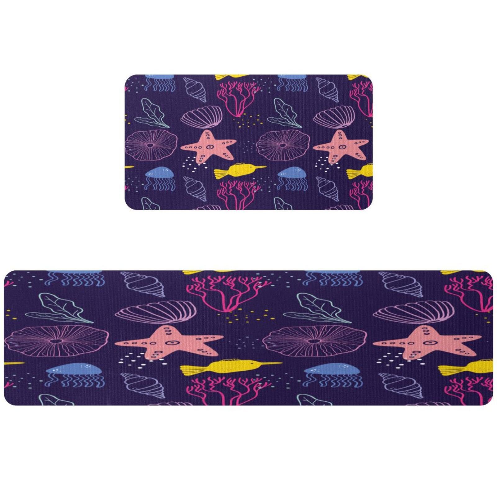 Tapete de cocina morado de 2 piezas con diseño de estrella de mar y medusas VAPOKF