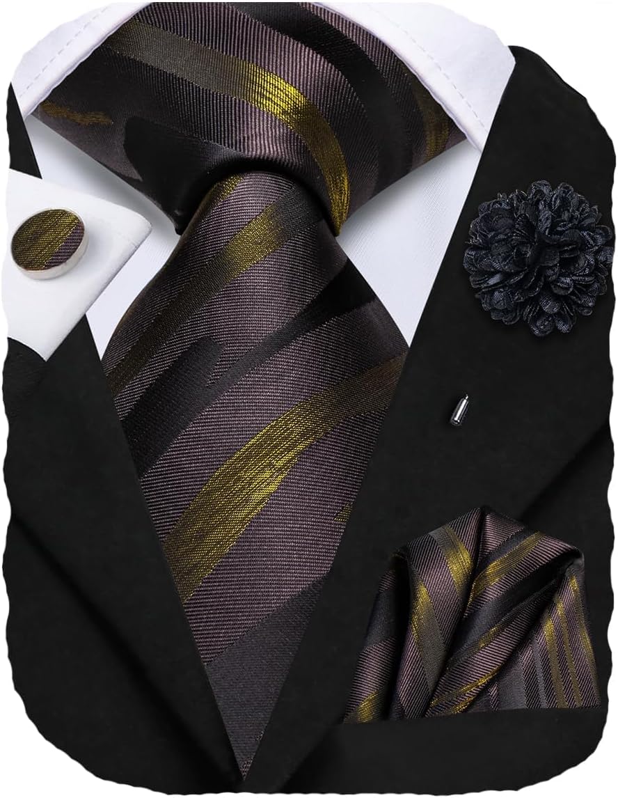 Hi-Tie Mens Tie Set Silk Striped Woven Necktie with Lapel Pin Pocket Square Cufflinks Set for Wedding Party