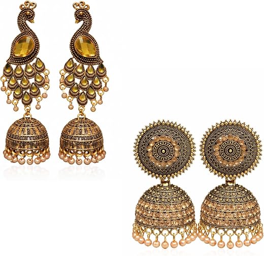 Peacock and Round Designer Jhumka Earrings Combo, Antique Gold Plated, Traditional Ethnic Jhumki Set, for Wedding, Pack of 2