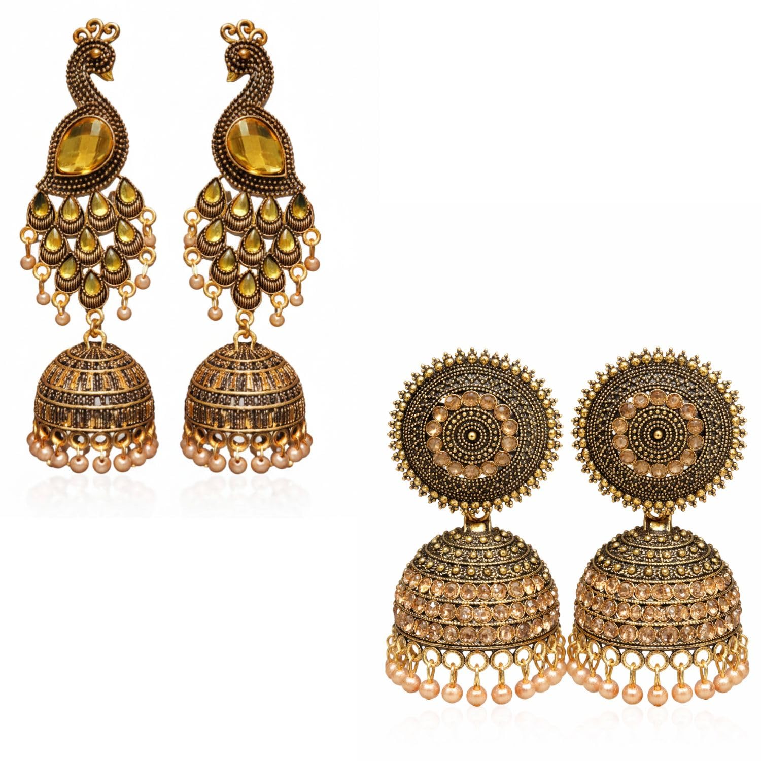 Peacock and Round Designer Jhumka Earrings Combo, Antique Gold Plated, Traditional Ethnic Jhumki Set, for Wedding, Pack of 2 - Review, Price and Buying Guide