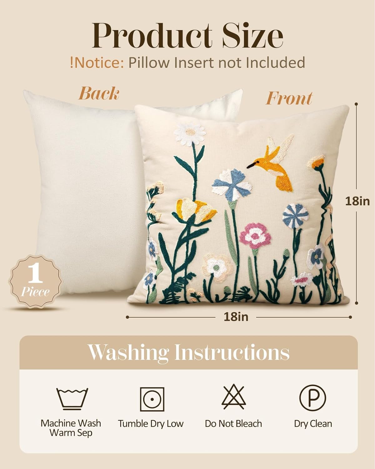 Embroidered Throw Pillow Cover 18x18 Inch - Spring Summer Boho Decorative Pillow Cover with Zipper for Living Room Couch Sofa Bed Aesthetic Design Flower Bird Cushion Pillowcase - Image 4