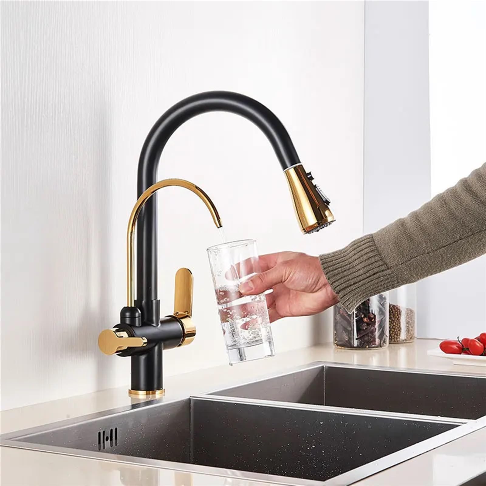 Rubinetto da cucina estraibile con filtro dell'acqua, miscelatore a 2/3 vie, per acqua potabile pulita, design moderno per cucine chic