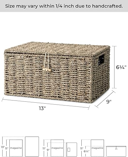 Miniatura 2 de StorageWorks Canastas de Mimbre de Hierba Marina para Organizar, Cesta de Mimbre Mediana con Tapa, Cesta Decorativa con Asas Integradas,