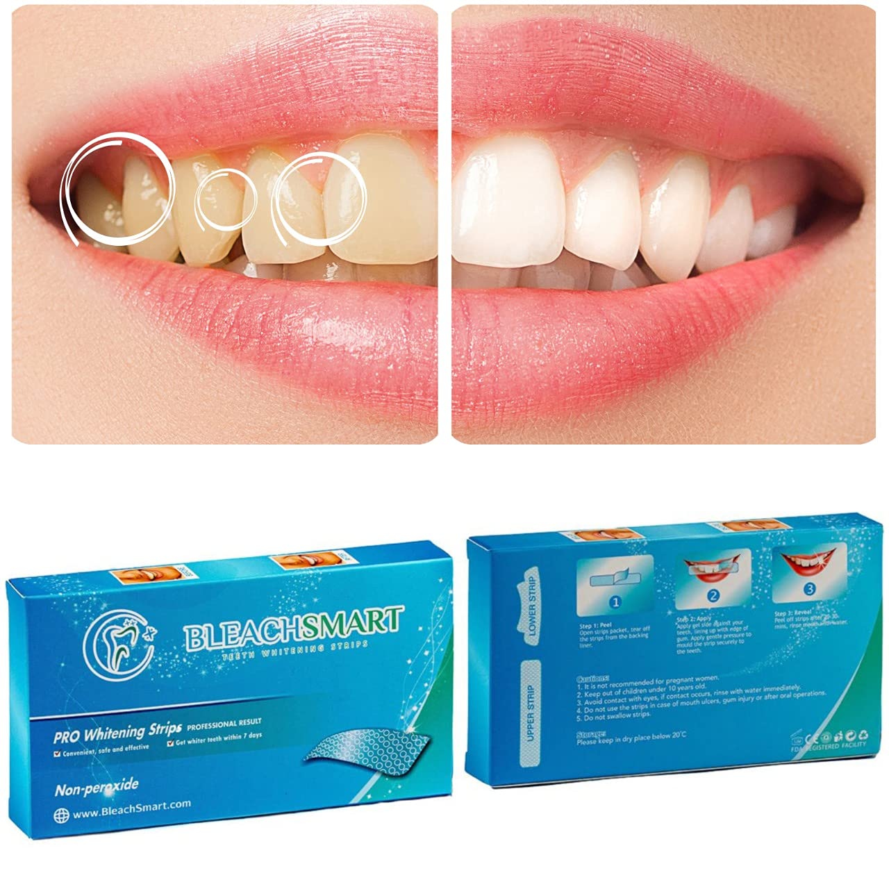 Teeth Whitening Strips Bleachsmart - 28 Strips, 7 Days Express Whitening Strips, Non-Peroxide, Professional Teeth Whitener