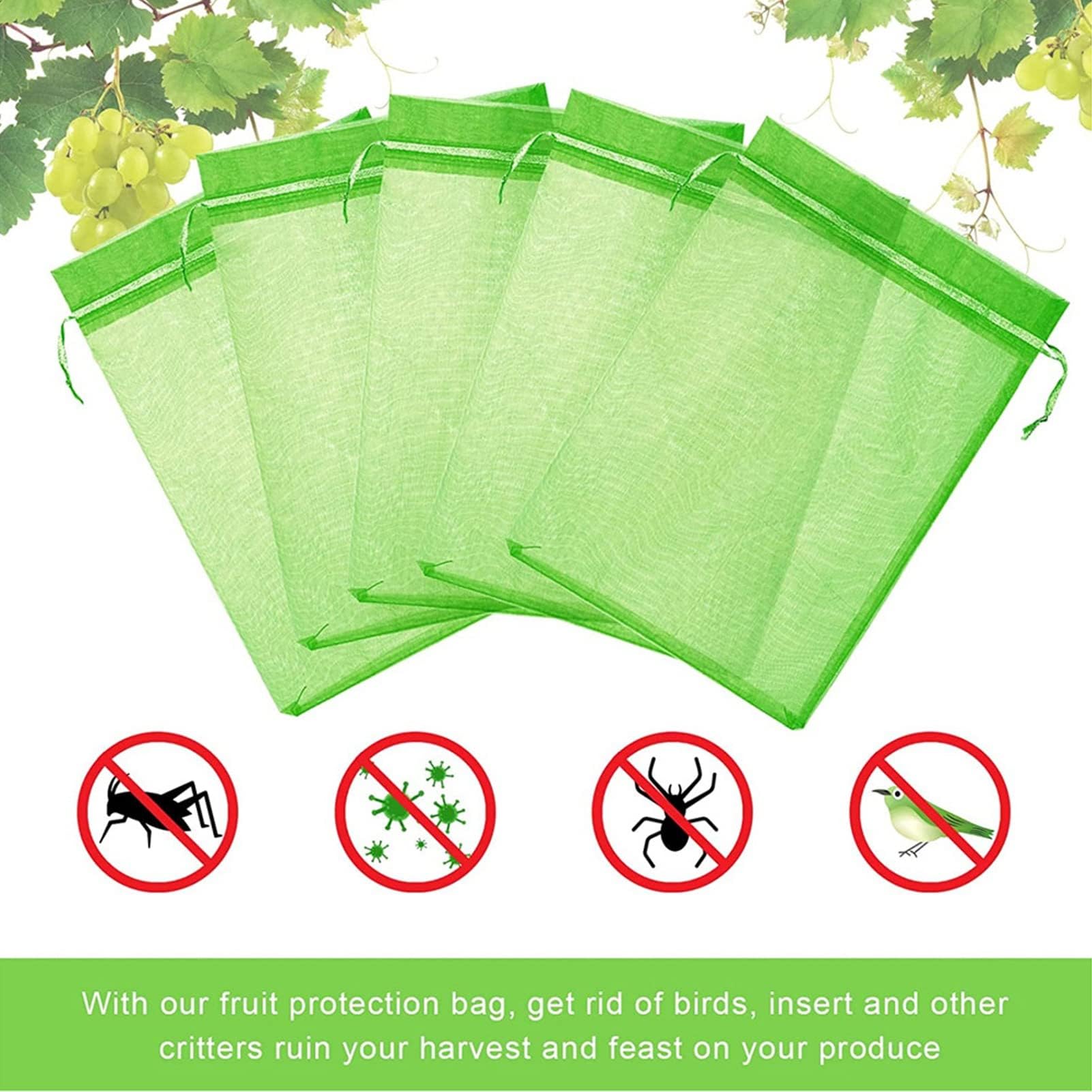 50 Sacs De Protection Fruits En Filet – 15x10 Cm Avec Cordon – Nylon Vert – Anti-oiseaux Et Insectes – Pour Jardin