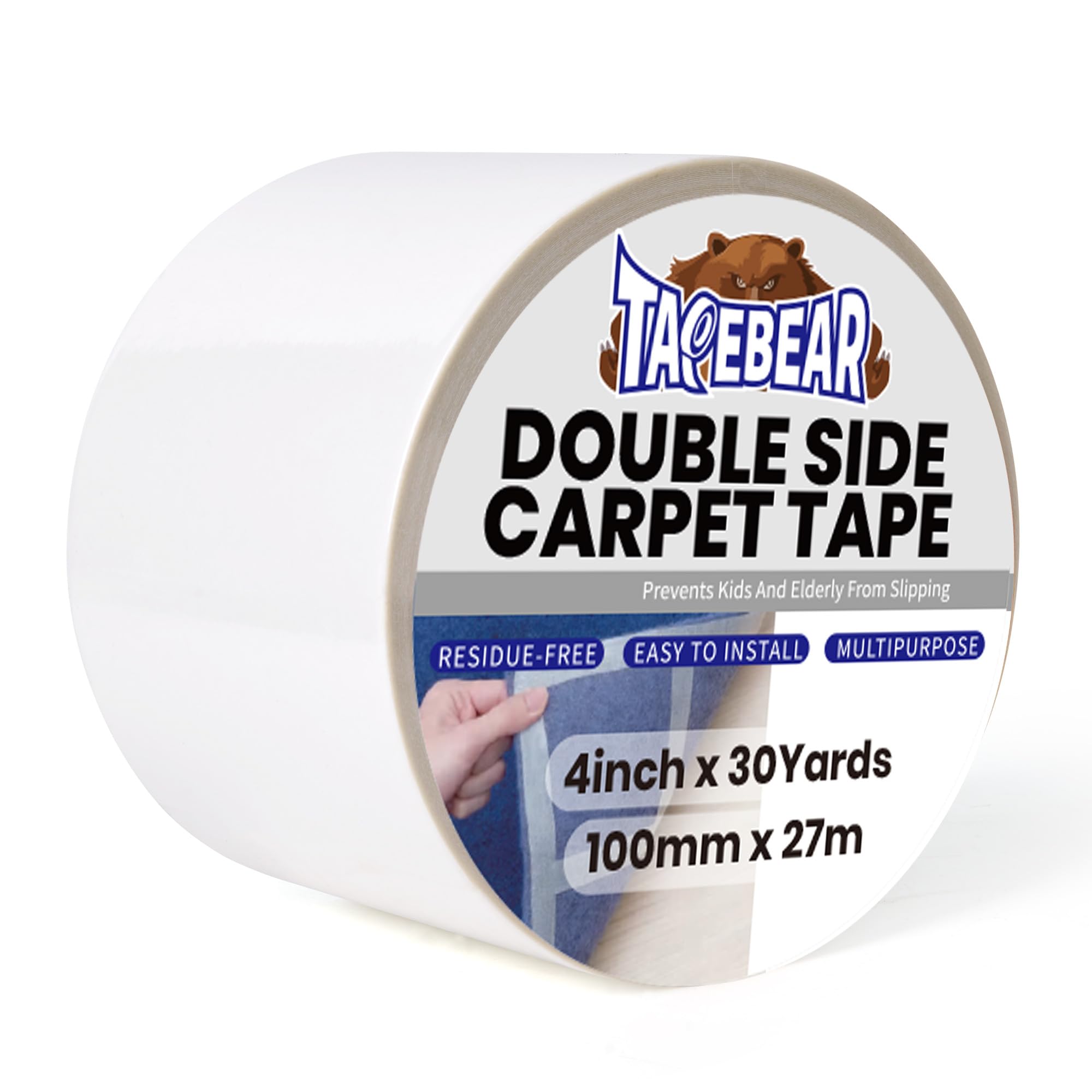 TAPEBEAR Carpet Tape Double Sided 100mm x 27m, Heavy Duty Rug Gripper Anti Slip Anti Curling Floor Tape Residue-Free, Two Sided, Removable, Waterproof for Area Rugs, Mats, Strong Hold for Tile,White โ image 1