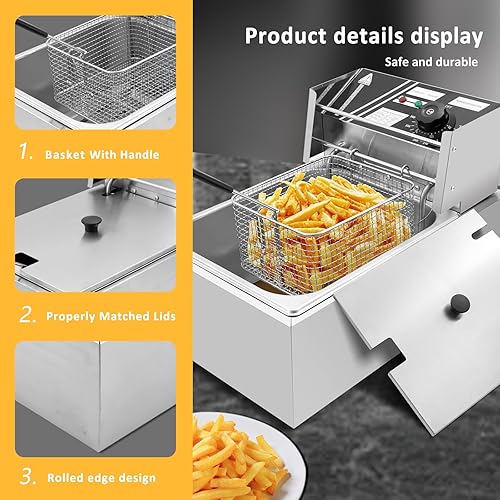 Miniatura 3 de Freidora comercial, freidora eléctrica de encimera de 1700 W con canasta, freidora de aceite de acero inoxidable de 11.4 cuartos de galón, con