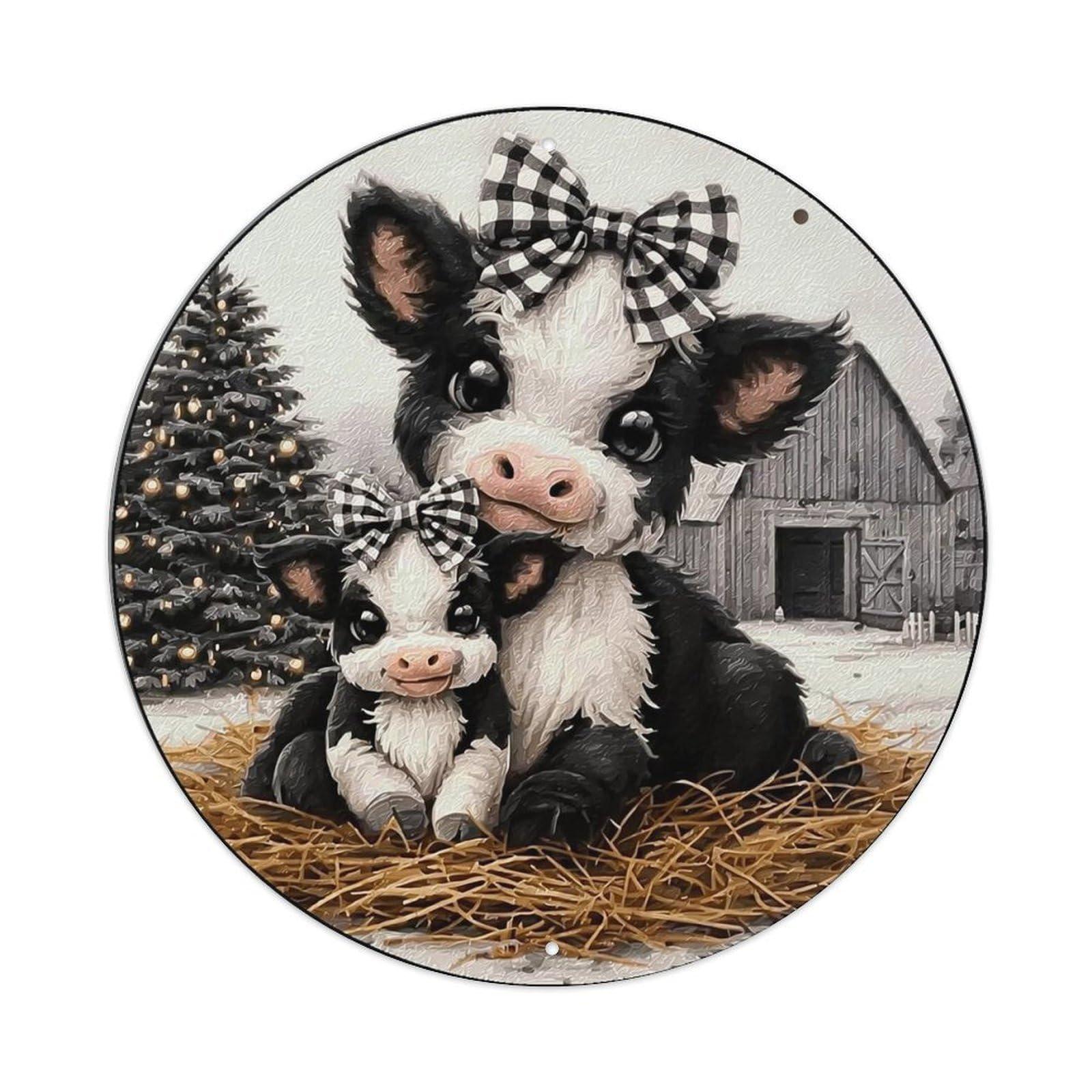 Jdyaojiesheng Vintage Cow And Calf With Bow Ties Round Tin Sign Retro Metal Wall Decor Metal Poster, Home Bar Garage Farmhouse Cafe Wall Art Decoration 8X8inch