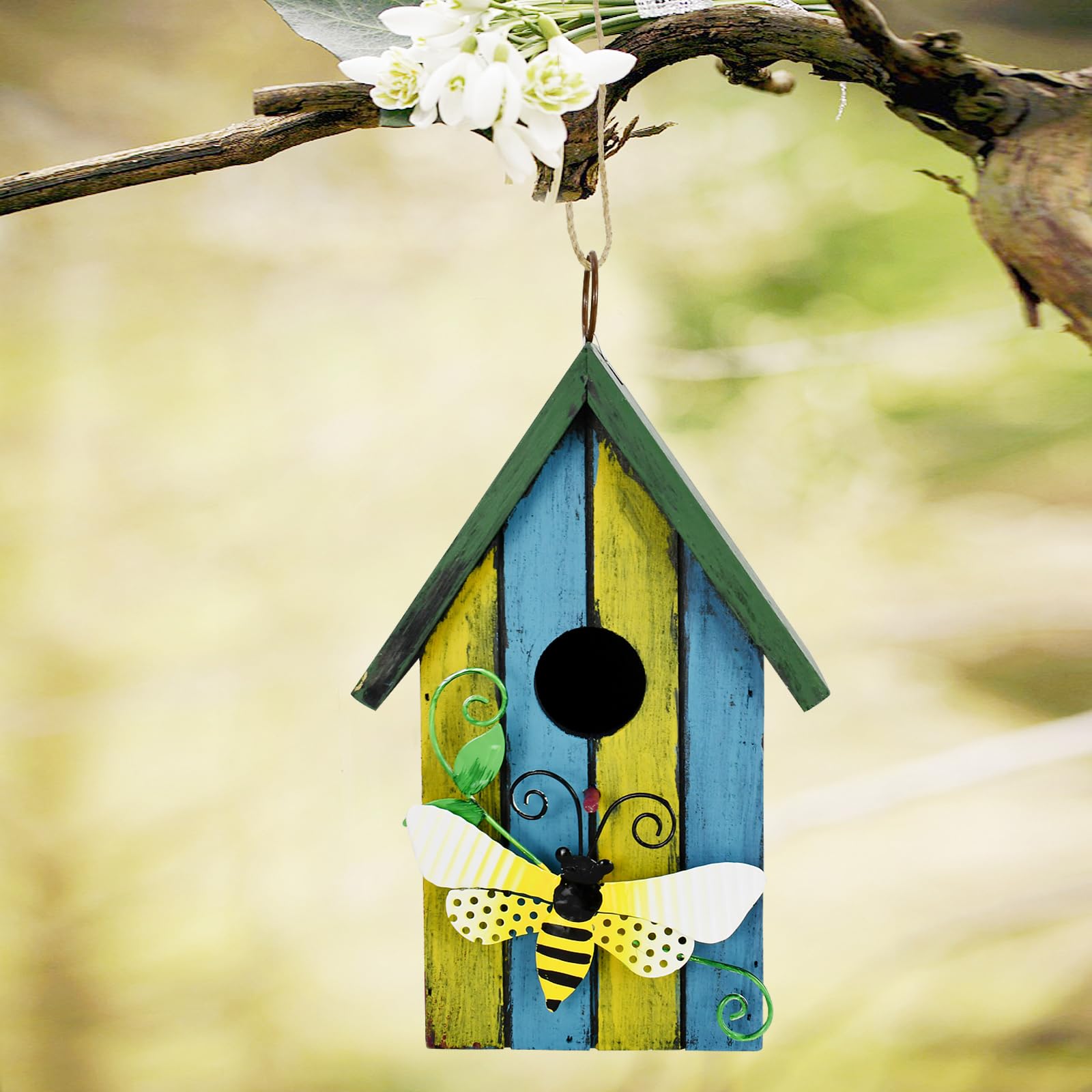 Casetta per uccelli decorativa in legno da appendere, dipinta a mano, per esterni, giardino, mangiatoia per uccelli per fringuelli, colibrì, cardinali, campanuli, passeri, cincate (ape)