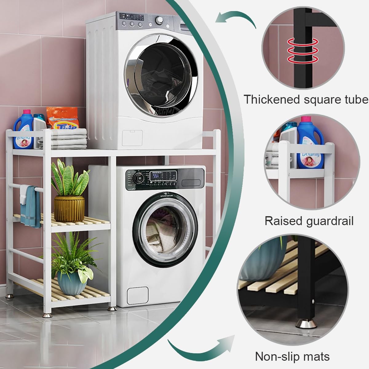 Lavatrice Scaffale A 3 Ripiani,Supporto Lavatrice Asciugatrice,Tamburo Lavastoviglie Ripiano Di Stoccaggio,Mobiletto Sopra Lavatrice,Supporto Asciugatrice Sopra Lavatrice,Per Bagno, Lavanderia(Black-A