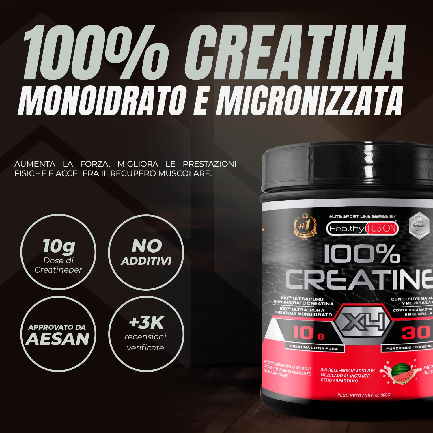 Healthy Fusion 100% Creatina Monoidrato, Alta dose | 10g di Creatina per porzione | Favorisce la crescita muscolare e migliora la resistenza fisica | Alta solubilità | 300g gusto anguria