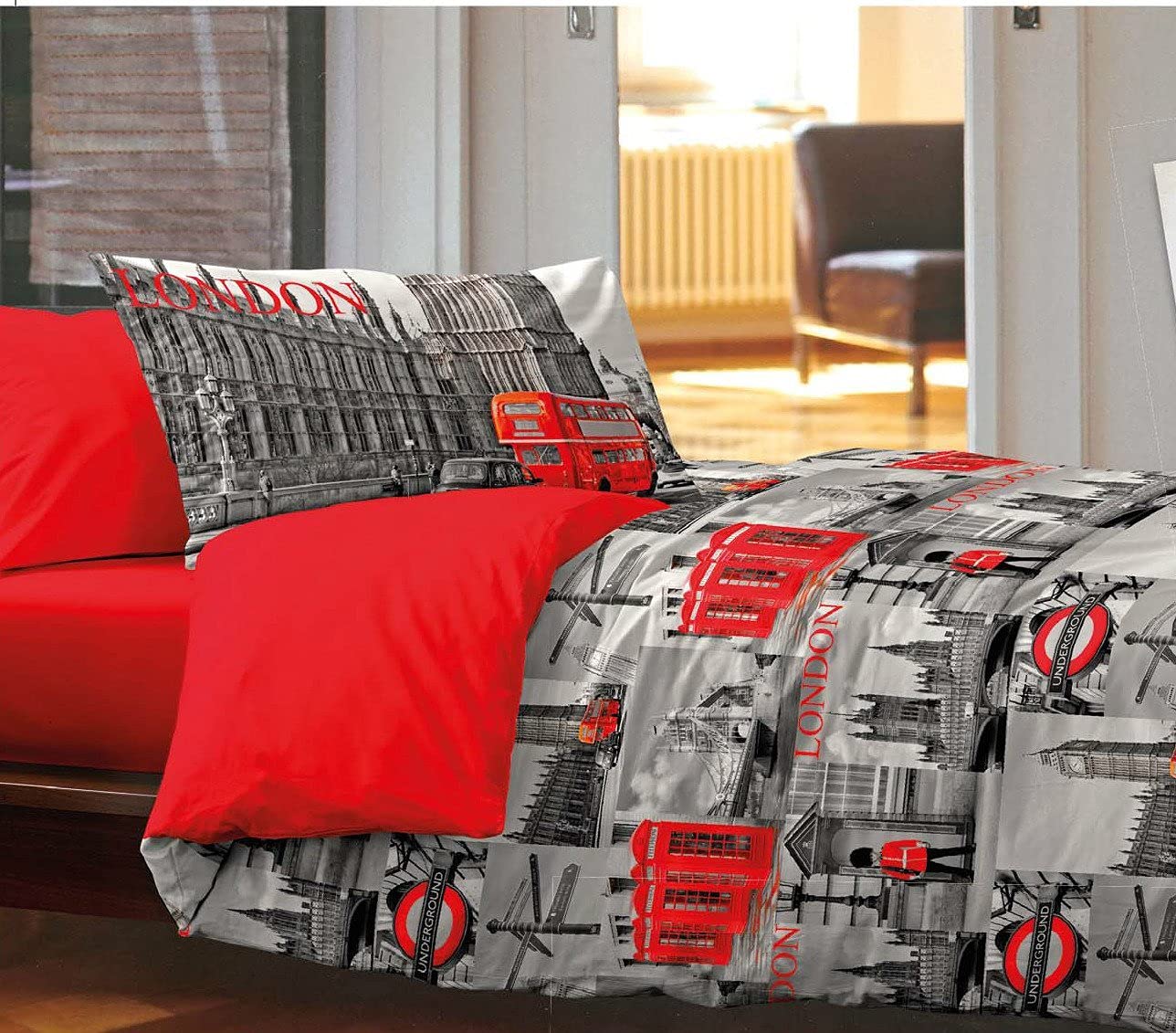 HomeLife Set Lenzuola Completo Letto Matrimoniale 100% Cotone | Lenzuolo Sopra 245x290CM + Lenzuolo Sotto con Angoli 180x200 + Coppia Federe con Patella 50x80 | Immagini Londra Colore Grigio+Rosso