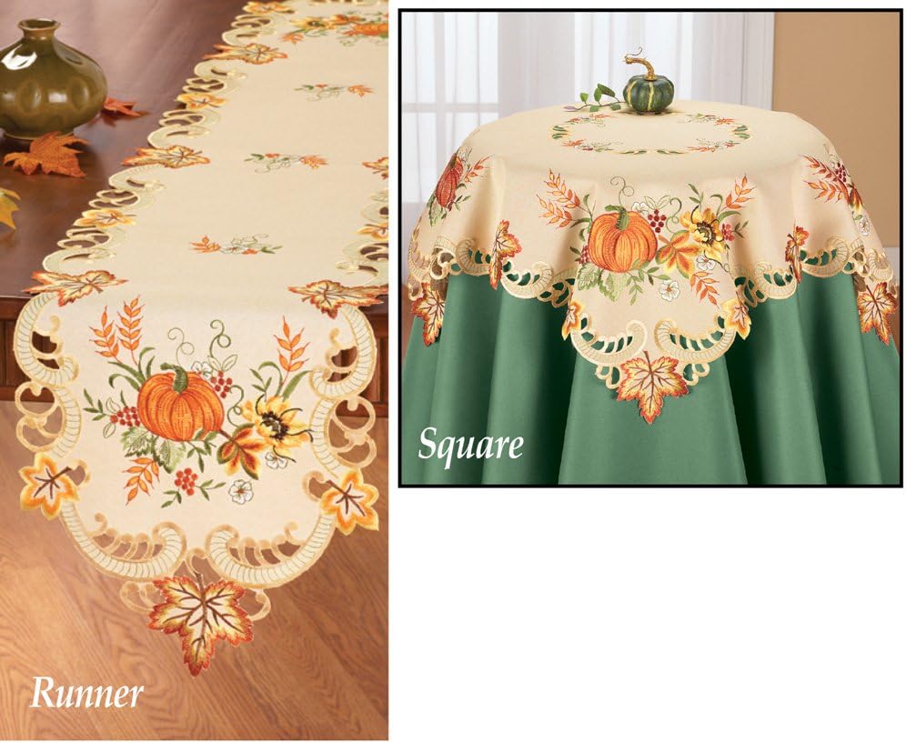 Collections Etc Fall Embroidered Pumpkin and Leaves Table Linens
