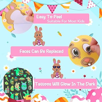 50 Sheets Easter Stickers, Make Your Own Bunny Stickers, Basket Stuffers Gifts Crafts with 4 Tattoos for Game Activities Party Favors