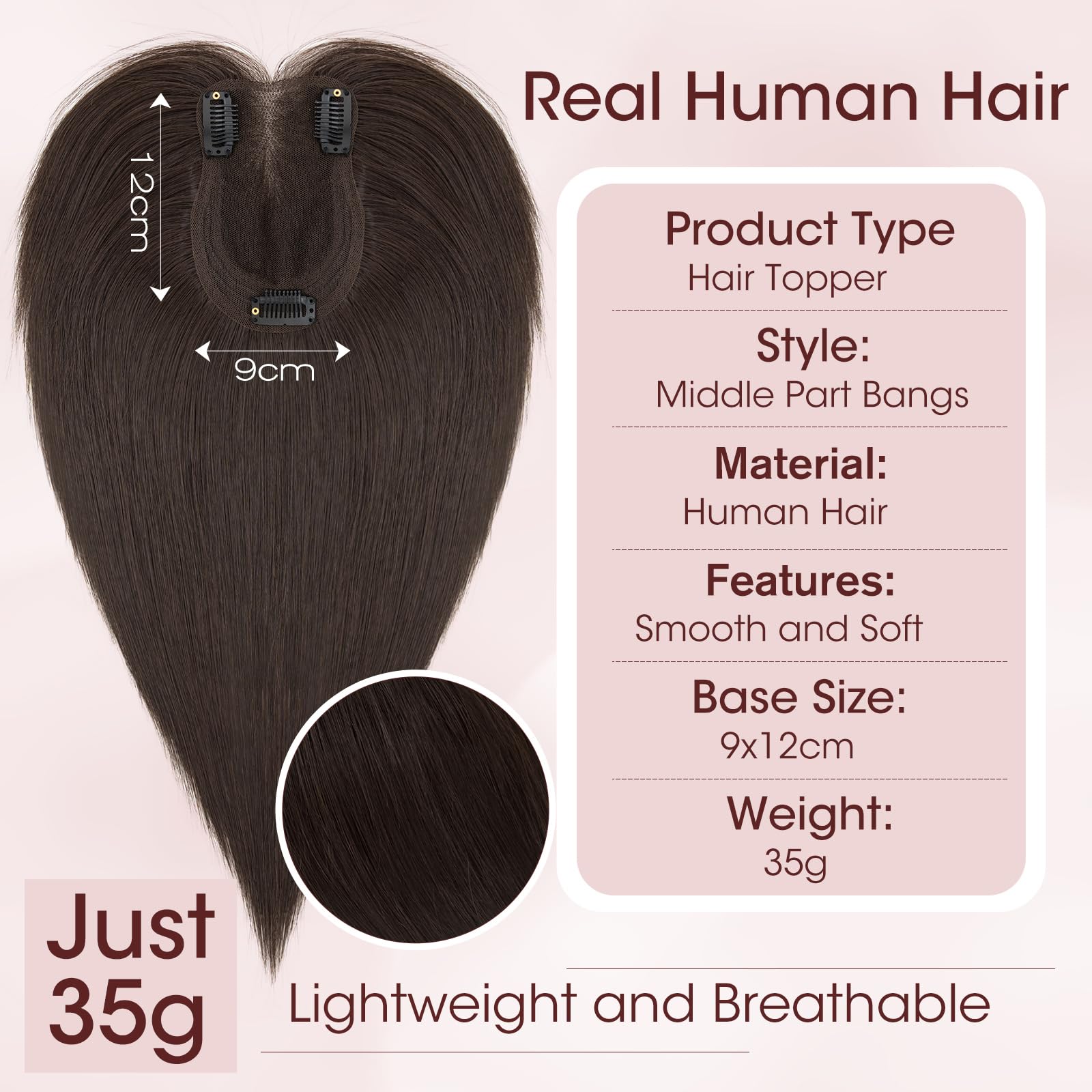 MY-LADY Topper Cheveux Humain Femme Sans Frange Volumateur Capillaire Naturel Léger Forme le Visage Pour Femme Fille(35g, #02 Marron Foncé)