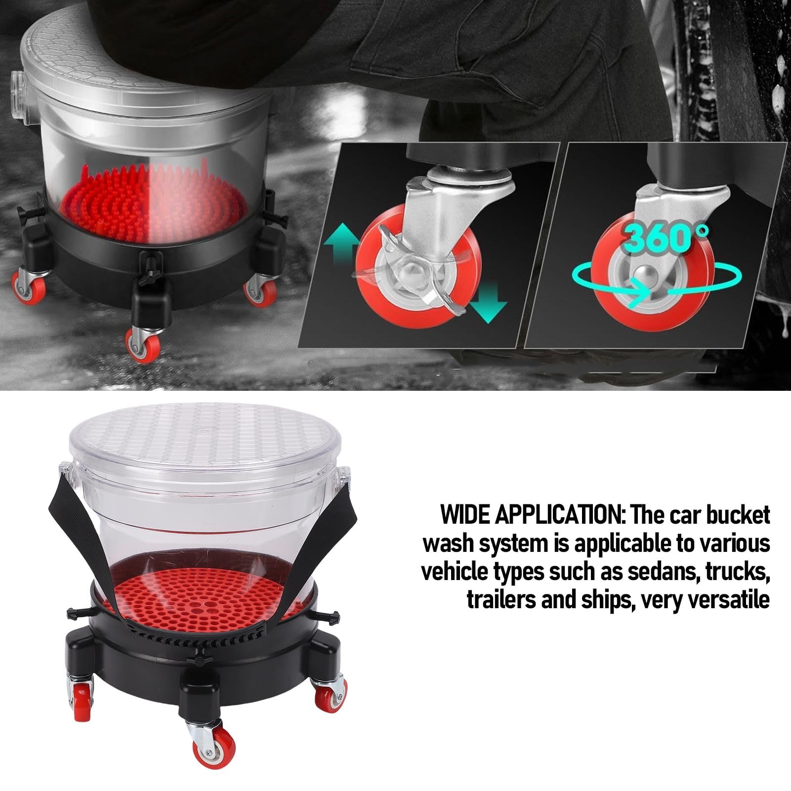 Tyenaza Car Bucket Wash System 15L Washing Detailing Kit Include Grit Trap 5 Castor Bucket Dolly Lid Transparent
