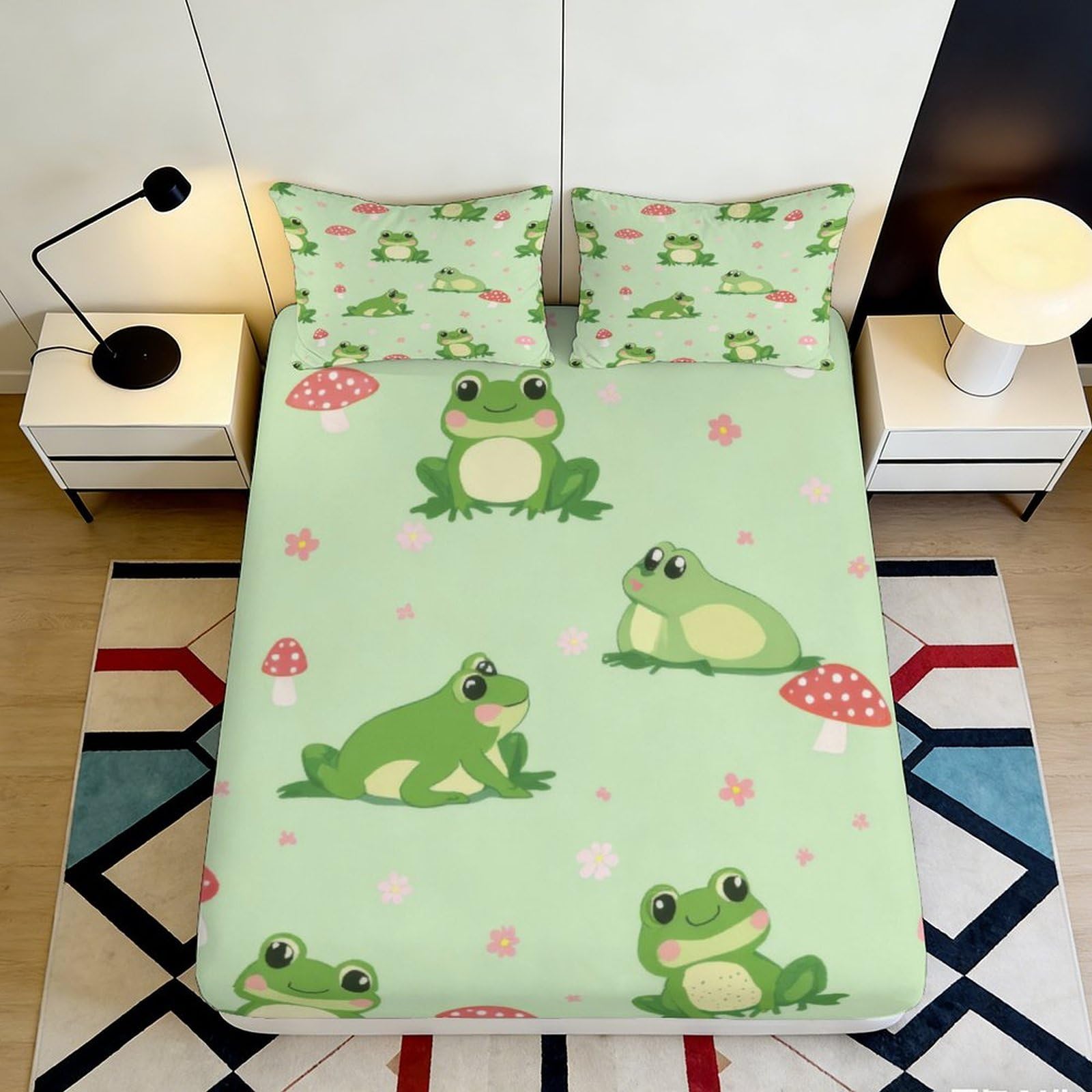 3D Printed Cartoon Frog Fitted Sheet Microfiber Green Cute Mushroom Mattress Cover for Bedroom Dorm Room Decor 90x200x25cm