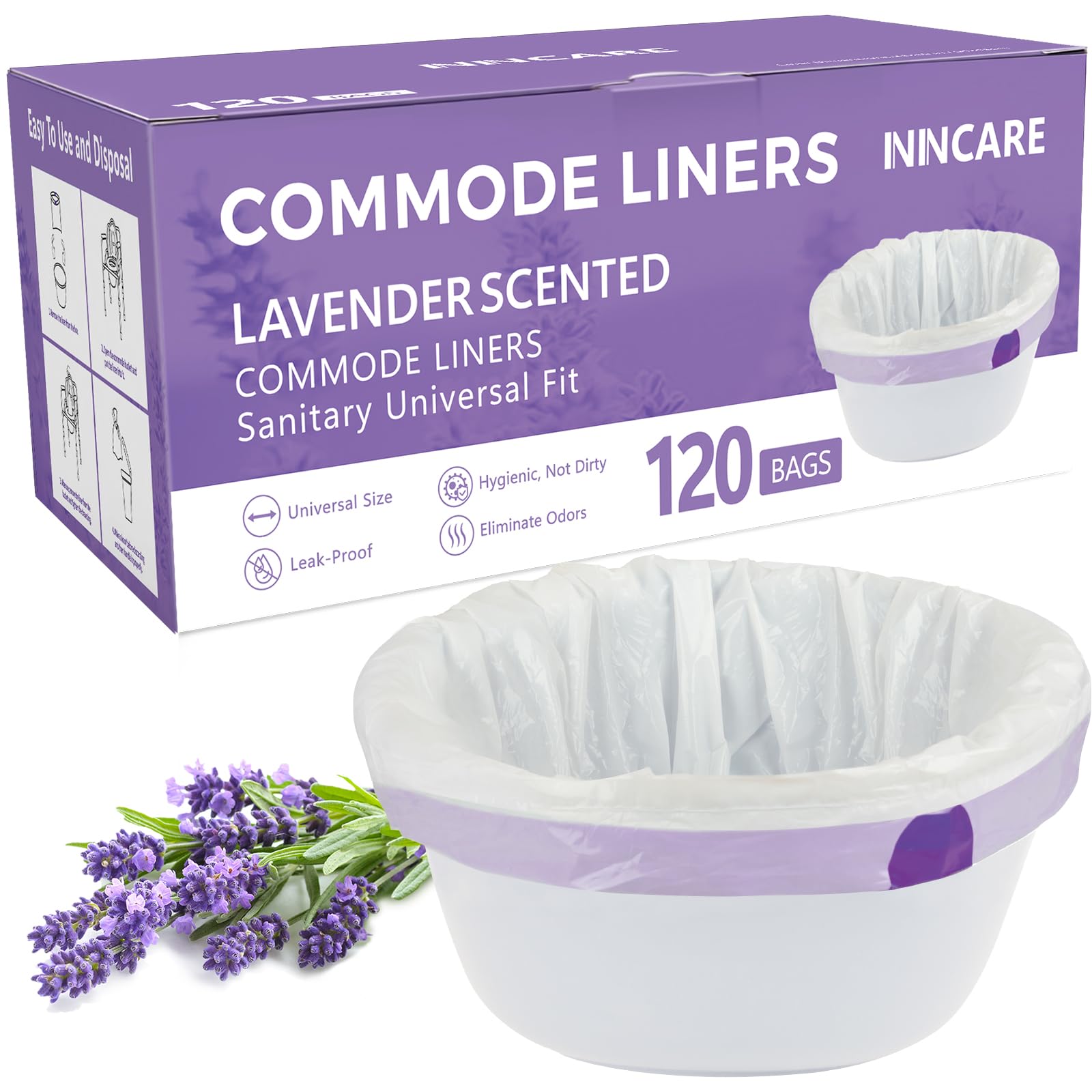 Fodere per comodino, WC portatile, vasino, padella, 120 pezzi profumati alla lavanda, usa e getta, sacchetti per WC portatili, adatti alla maggior parte dei secchi standard per WC