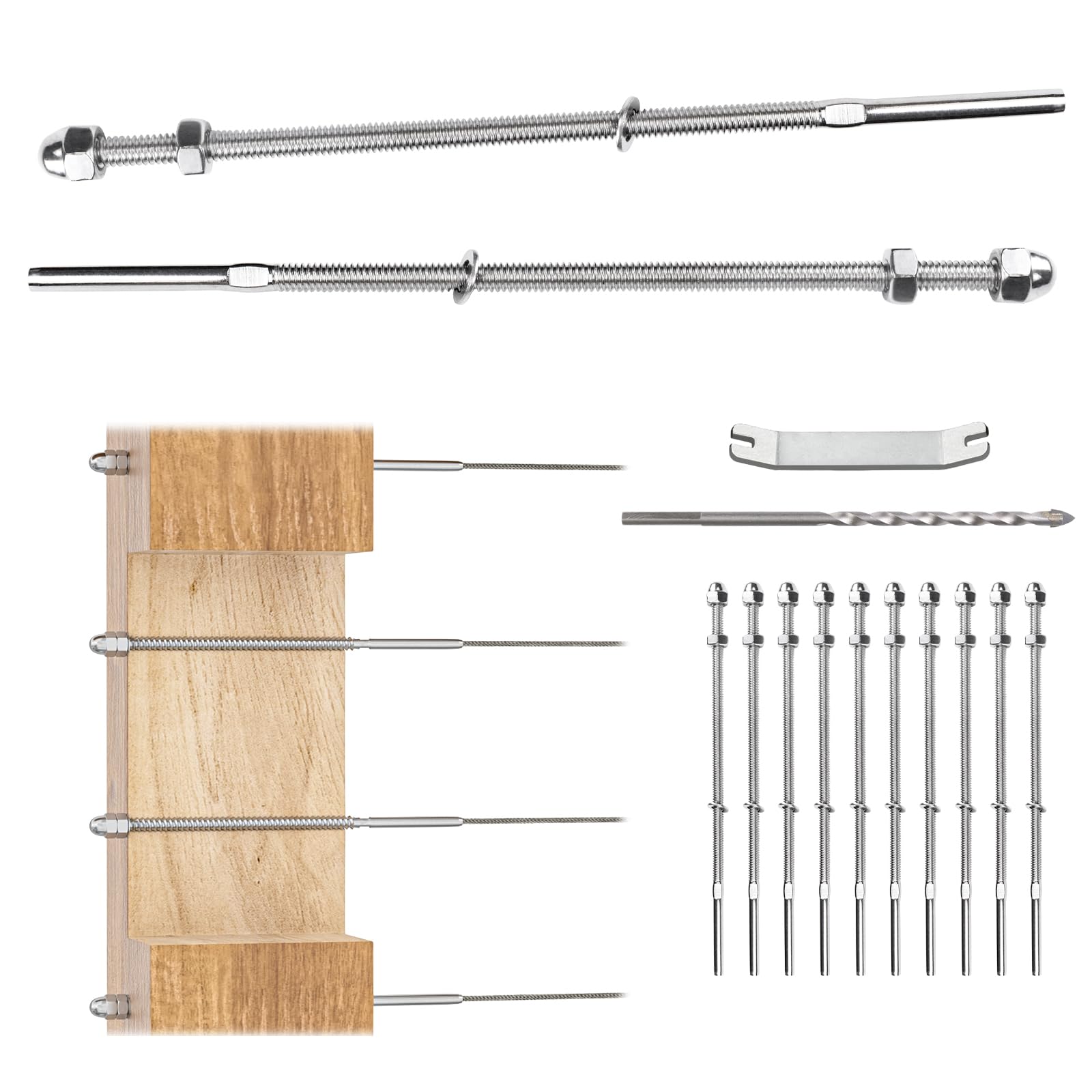 Muzata 10 Pack 1/8" Cable Railing Hardware Kit Hand Swage Threaded Stud Tensioner for 6x6 4x4 2x2 Wood Metal Post T316 Stainless Steel Deck Cable Railing System CR40