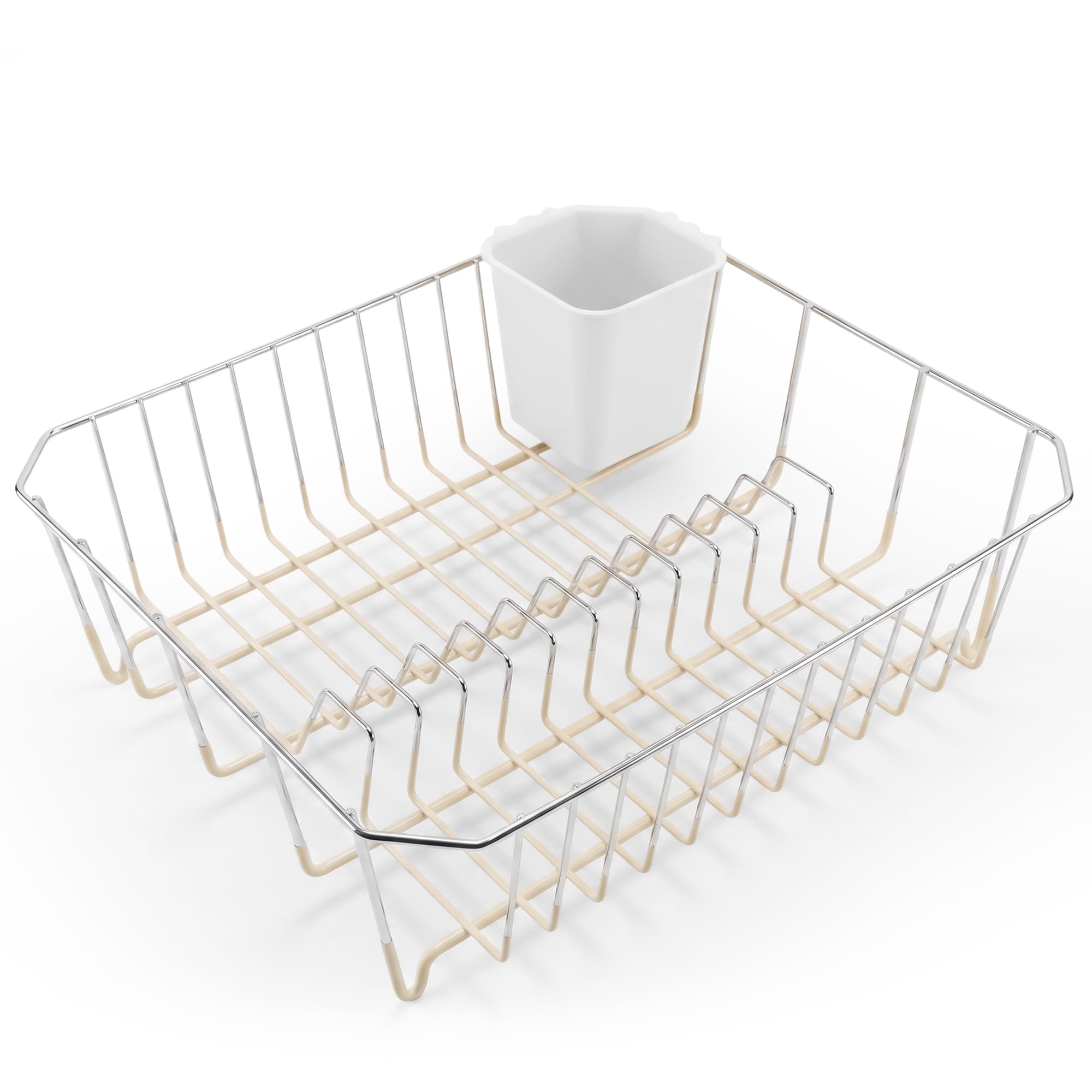 Besto Dish Drainer Rack with Cutlery Holder | Silicone Dipped Chrome Plated Dish Drainer with Plastic Coating | Dish Drying Rack with Non-Scratch Base | Easy to Clean (Cream)