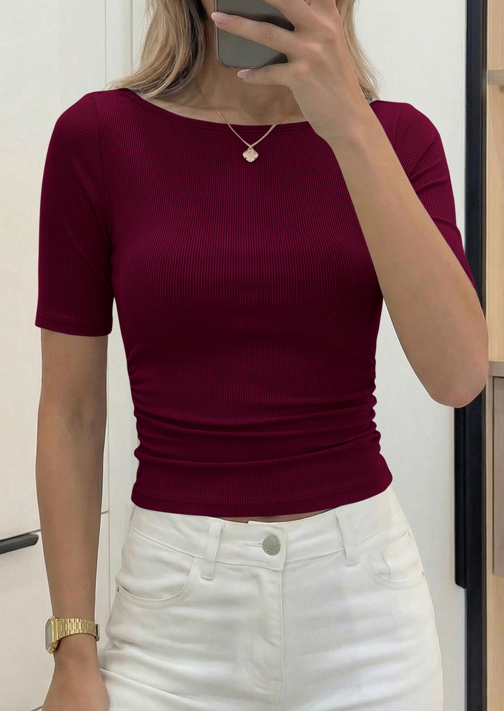 PRETTYGARDEN Womens Summer Short Sleeve Tops Boat Neck Ribbed Knit Slim Fit T Shirt Casual Basic Top 2026 Spring Clothes