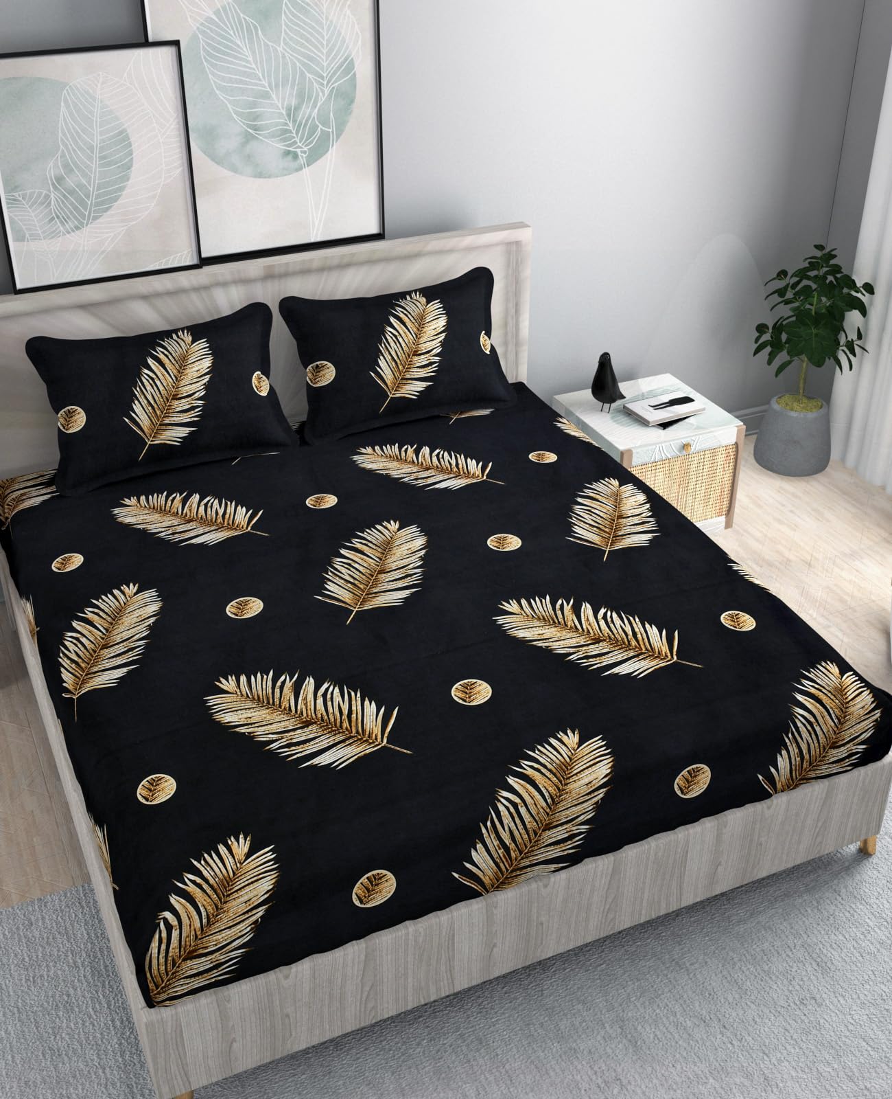 alpha home Cotton Feel Glace Elastic Fitted Printed Queen Size Double Bed Bedsheet with 2 Pillow Cover (Black,72X78)