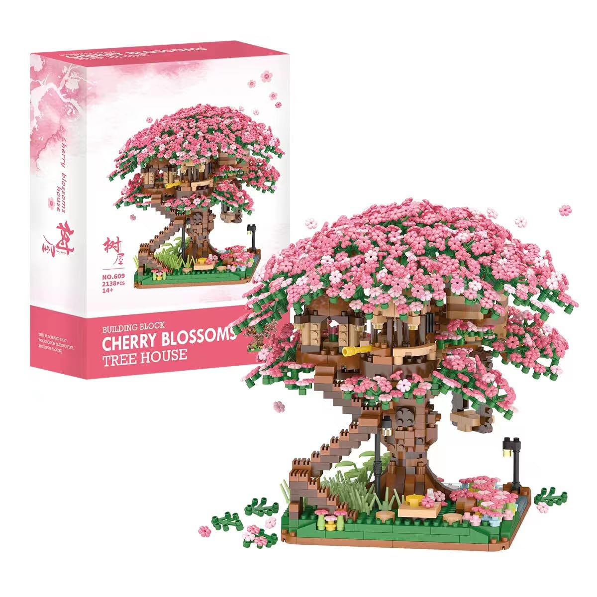 Street View Cherry Blossom Bonsai Tree Bricks Model Set, 2138Pcs DIY Sakura Tree House Building Block Assembly Mini Particle Construction Toy
