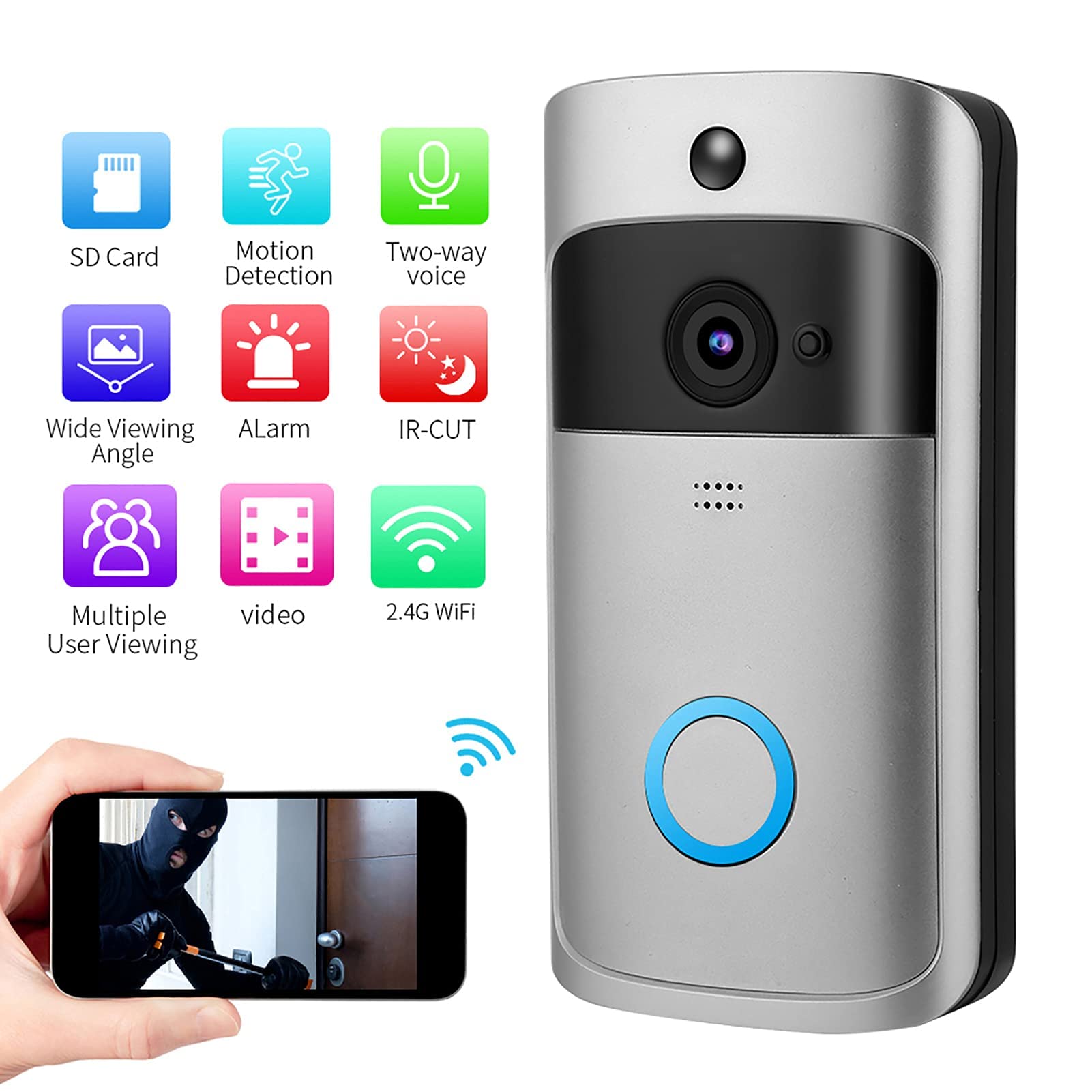 Ejoyous Sonnette Vidéo sans Fil Wi-FI Intelligente, Interphone Vidéo avec Caméra Infrarouge, Système d'Accès avec Télécommande