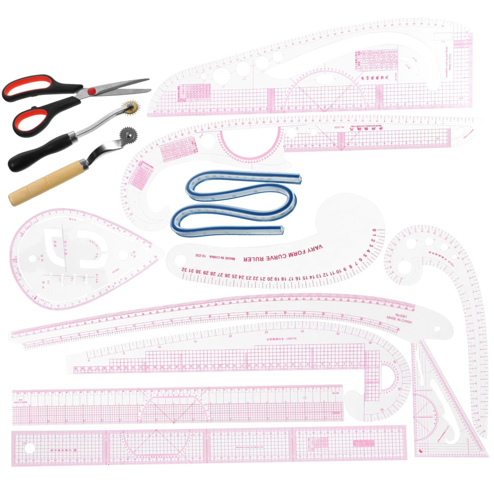 Nählineal mit Kurvenlinealen 14 Stück aus Pvc und Edelstahl zur Schnittmustererstellung und Musteränderung für Anfänger und Designer