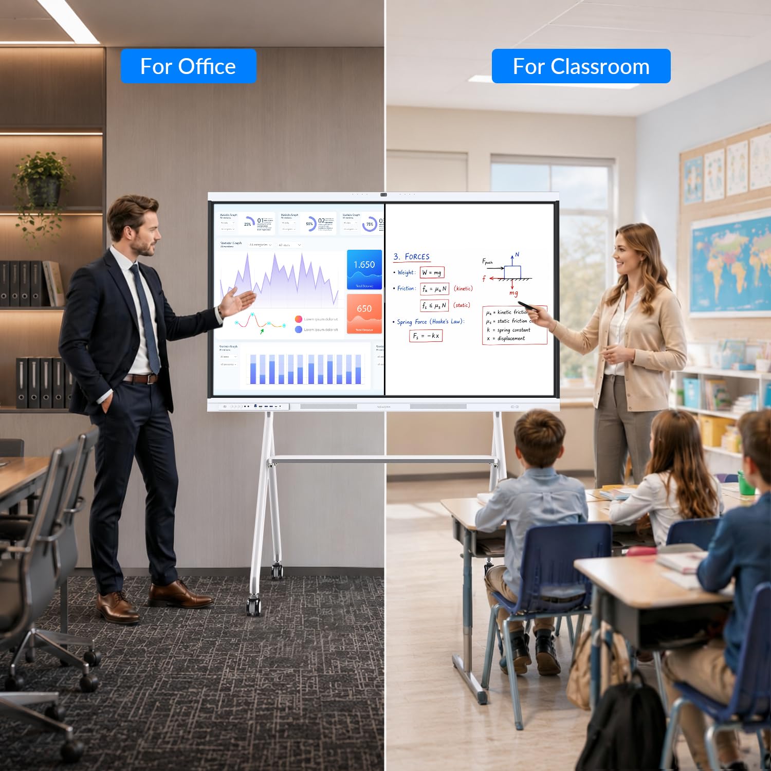 Mobiler Wagen für 75 Zoll Smart Board, tragbarer Ständer für interaktives NewBoard Whiteboard, vier feststellbare Räder, schlankes Design für das moderne Büro oder Klassenzimmer