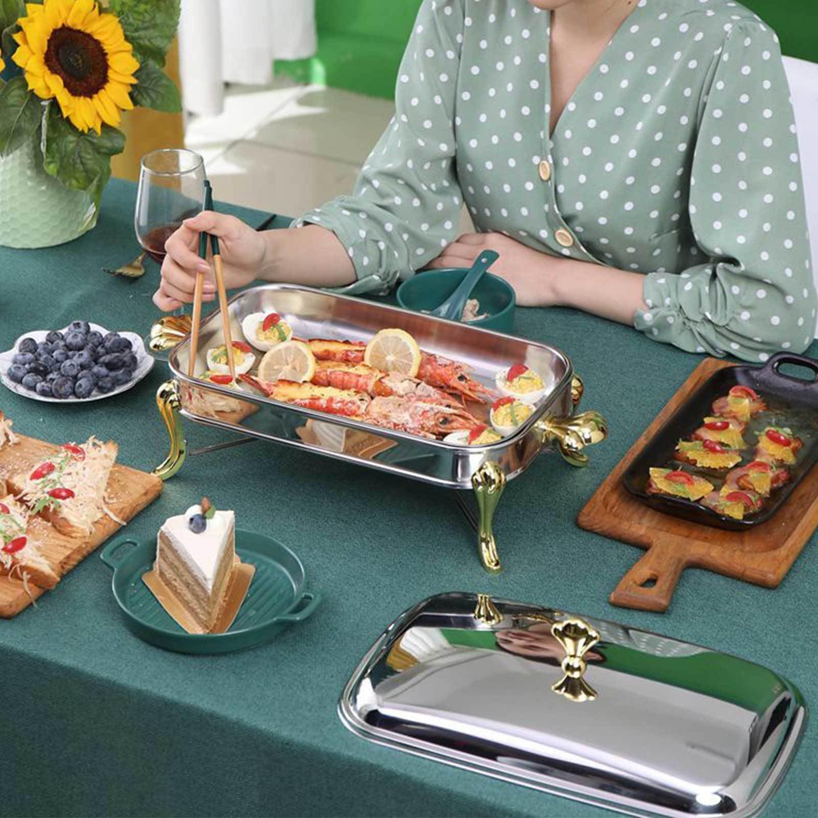 Chafing Dishes per Buffet 1 Confezione, Chafer Rettangolare in Acciaio Inox per Catering con Coperchio, Chafer e Set Scaldavivande a Buffet con Vaschetta per Cibo e Acqua, Telaio, Porta Combustibile