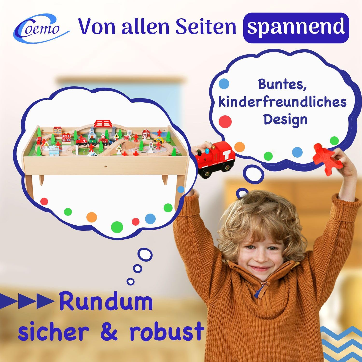 Coemo Spieltisch inkl. Set 90-TLG. Holzeisenbahn, Natur, Motorikspielzeug | Mit umkehrbarer, abnehmbarer Tischplatte, Gleise, Zug, Geschenk für Kleinkinder, Jungen und Mädchen ab 3 Jahren