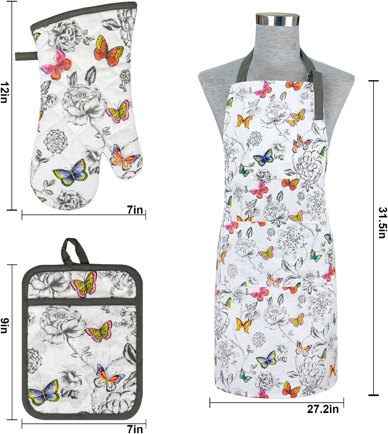 Oven Mitts and Pot Holders with Chaf Apron,Set of 5 Heat Resistant Kitchen Gloves and Silicone Non-Slip Potholders Adjustable Neck Buckle Apron, Cotton Nice Design for Cooking (Butterfly) - Image 3