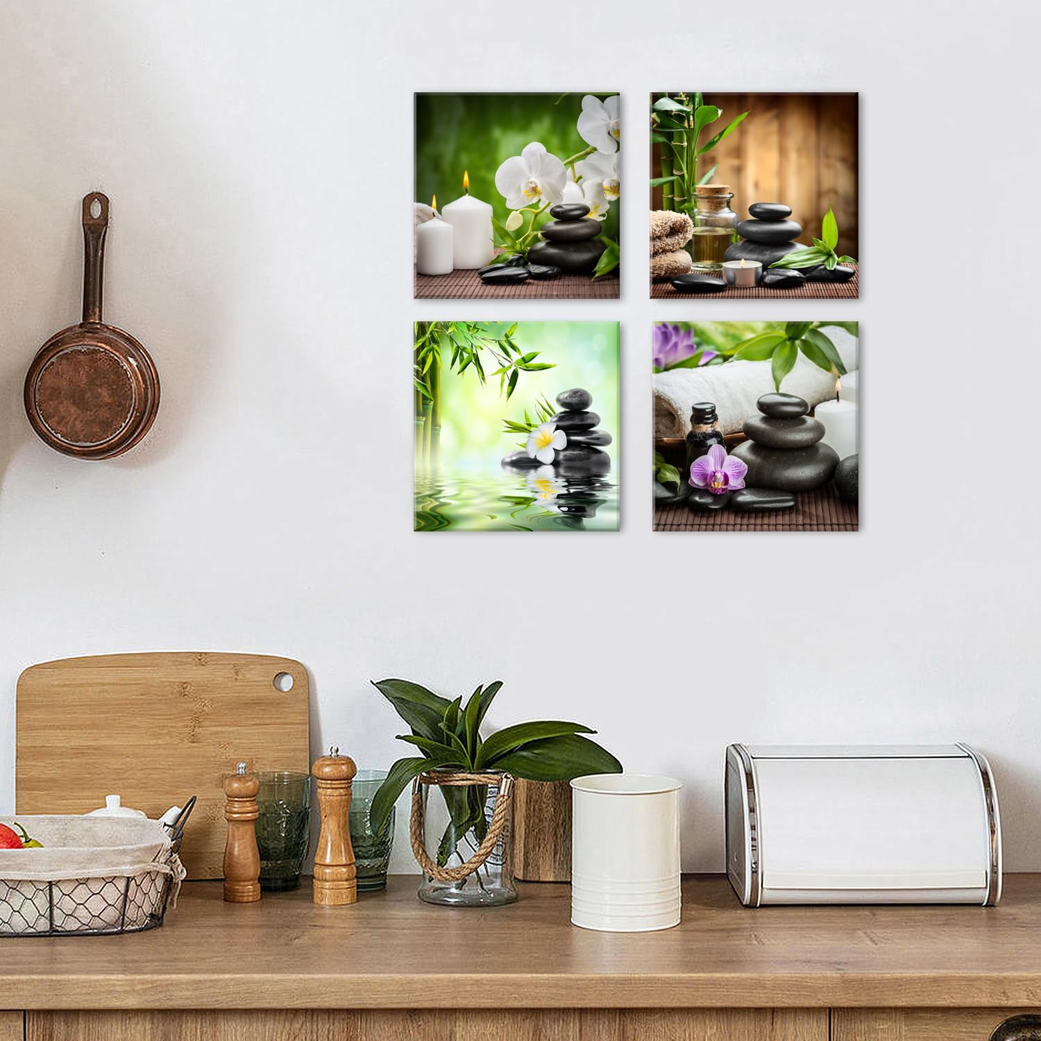 AIYISU Zen Wandbild 4 Teilig Leinwandbilder Bambus Orchidee Zen Steine Spa Wanddeko für Badezimmer Wohnzimmer Weiß Blume Kerzen Wanddeko für Schlafzimmer Küche Meditation Entspannung Deko 30 x 30 cm