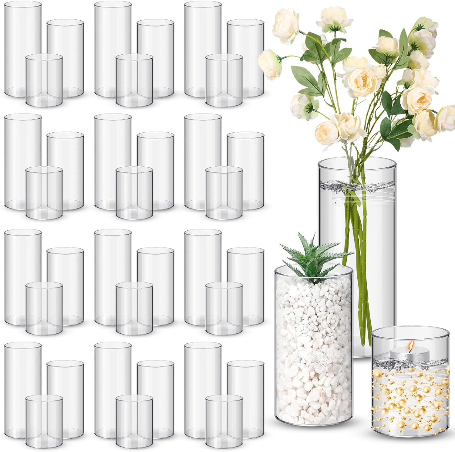 Nuogo 36 Pcs Plastic Cylinder Vases Tall Clear Flower Vases for Centerpieces Hurricane Candle Holder for Home Wedding Office Party Formal Dinners Decorations (4''/6''/8'') 4''/6''/8'' 36