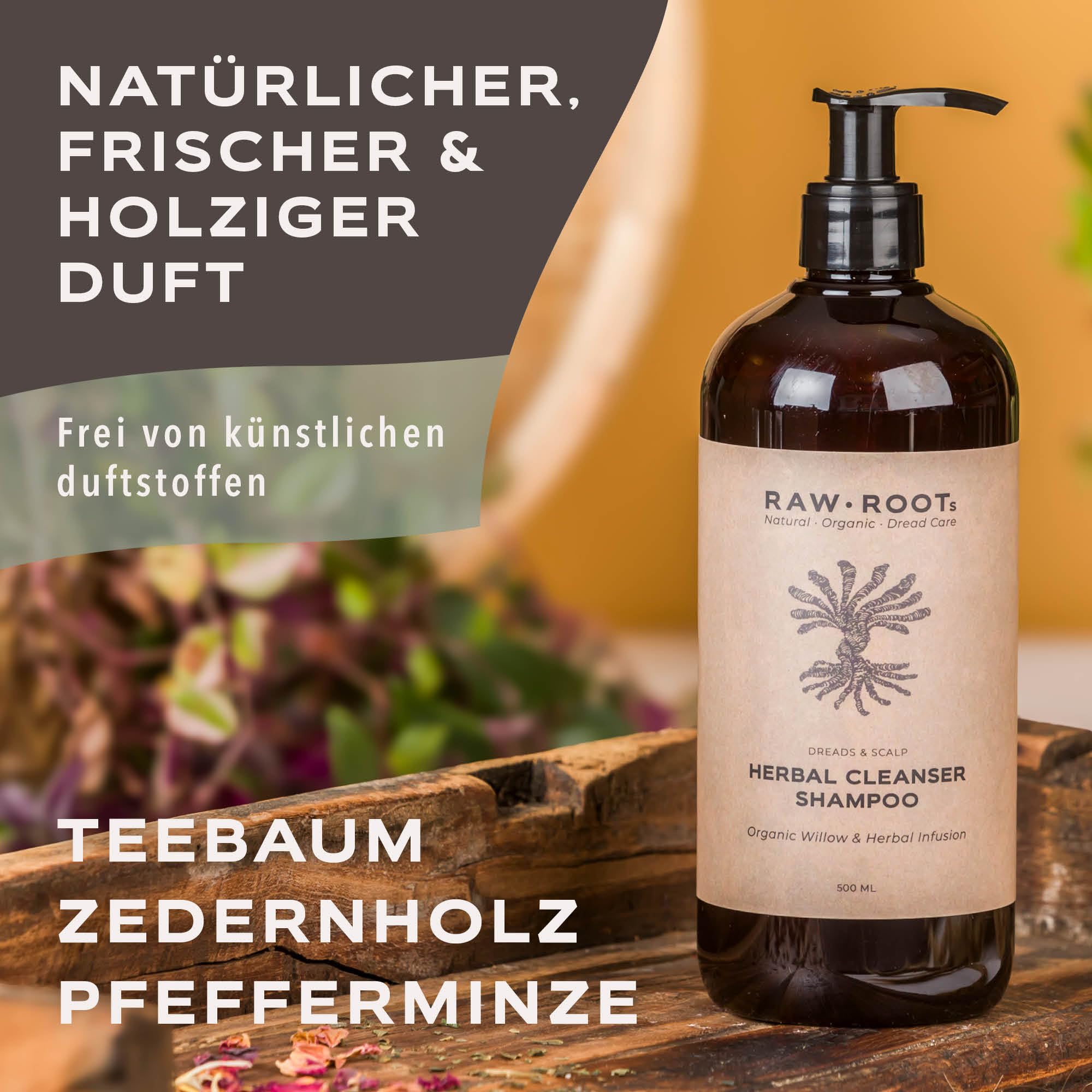 RAW ROOTs Herbal Cleanser 500ml - Herbal Essence Shampoo für Dreadlocks und natürliches und fettiges Haar - Shampoo ohne silikon sulfate und parabene