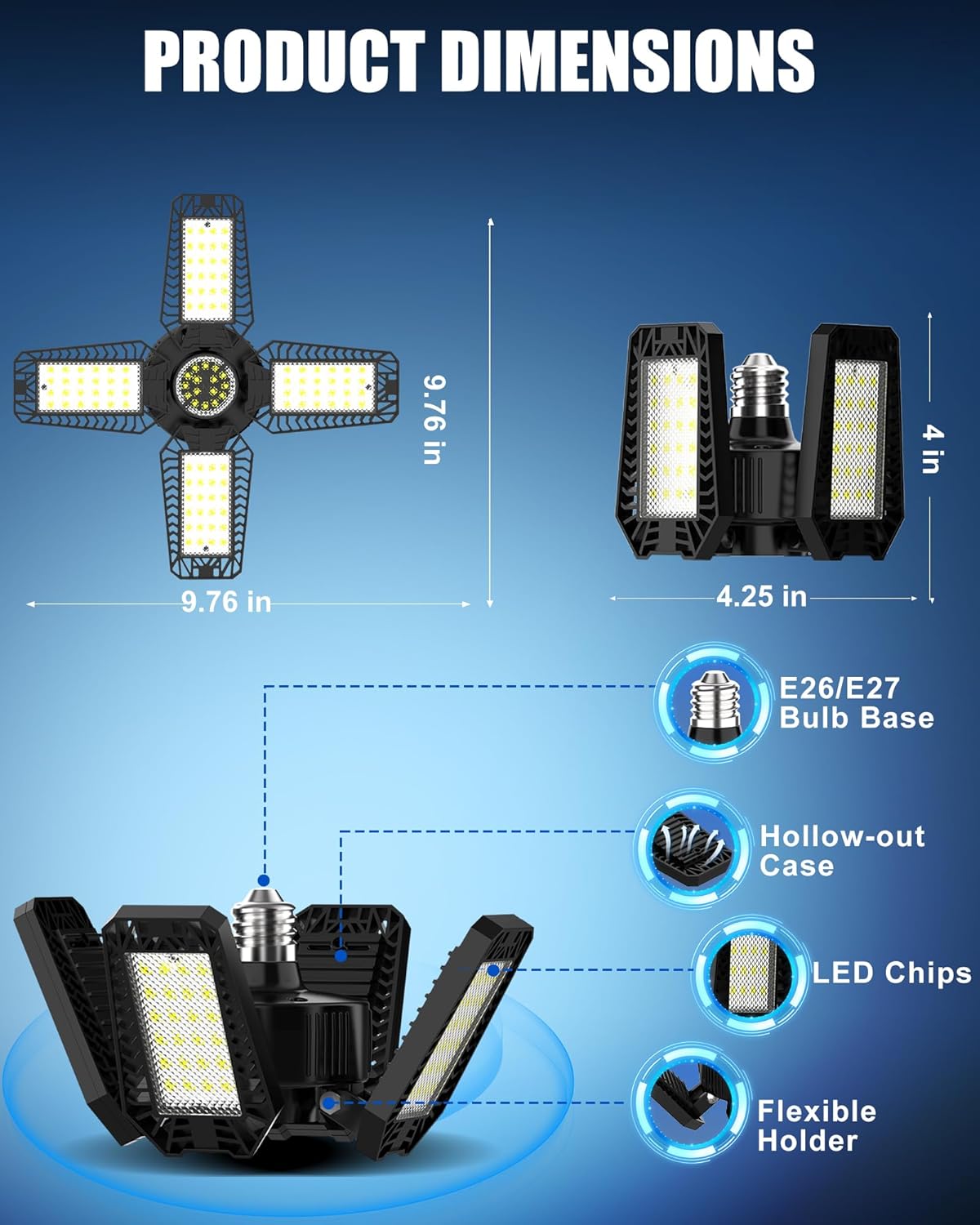 Garage Light, 120W 12000LM Bright Garage Lights Ceiling Led, 6500K Deformable Shop Lighting with 4 Adjustable Panel, Screw into E26/E27 Bulb Socket LED Lights for Workshop Basement Attic