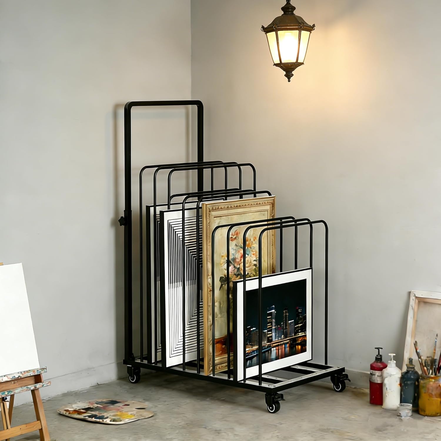 lukar Art Canvas Storage Rack with Handle, Metal Art Storage Rack with Wheels, Mobile Art Drying Rack, Rolling Art Canvas Organizer for Art Studio, Gallery, Artworks, Black
