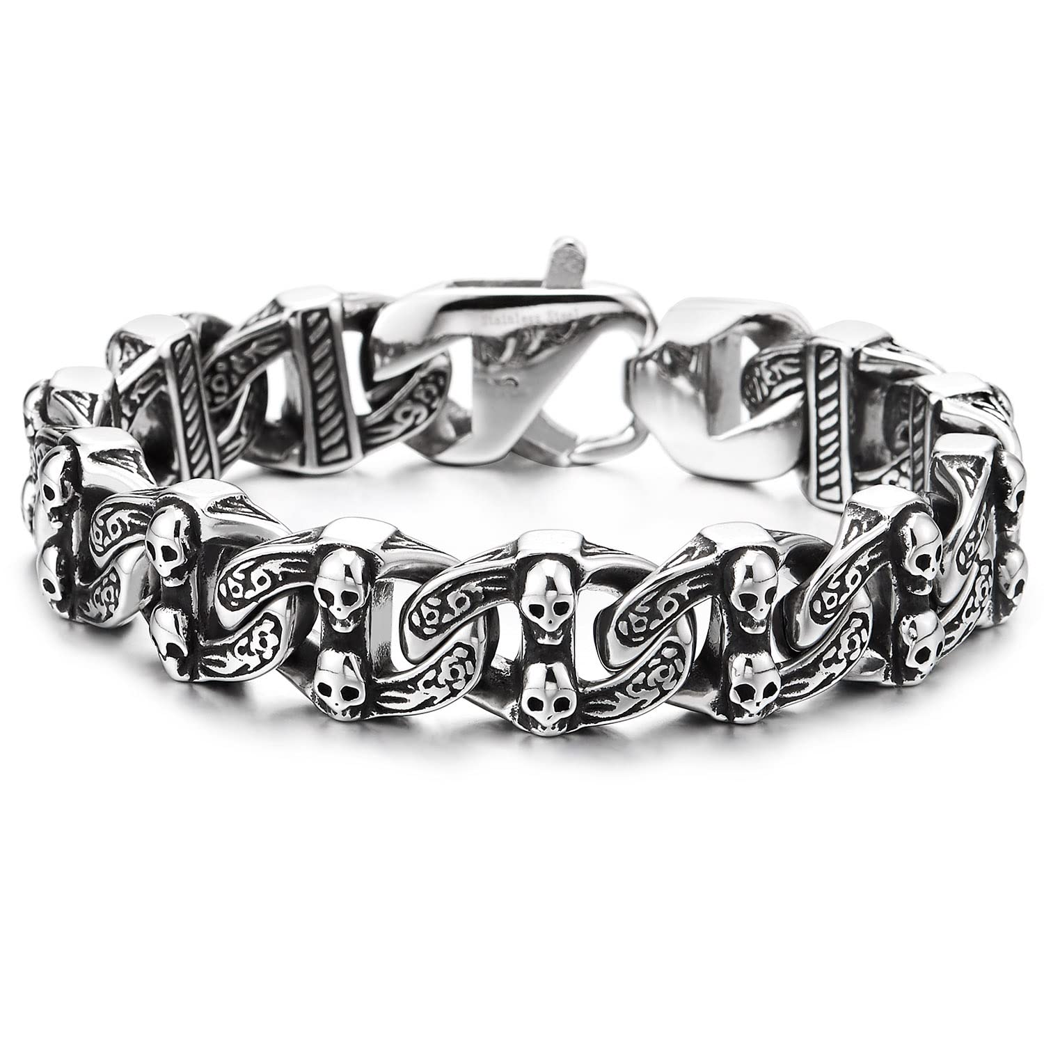 COOLSTEELANDBEYOND Bracciale Gotico Vintage Catena Marina Anchor con Cranio in Acciaio Inossidabile per Uomo, Finitura Vecchio Metallo