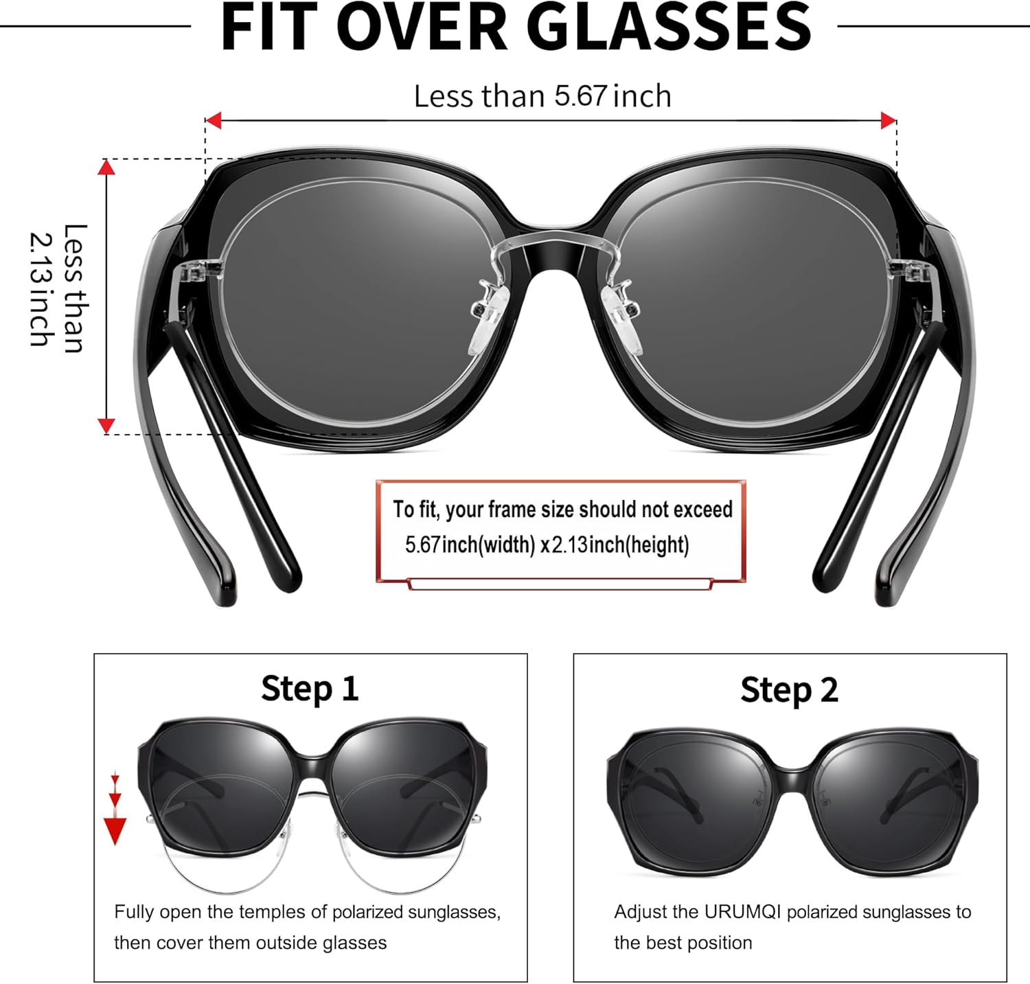 URUMQI Polarized Sunglasses Fit Over Glasses for Women, UV400 Protection Square Shades Extra Large Sun Glasses