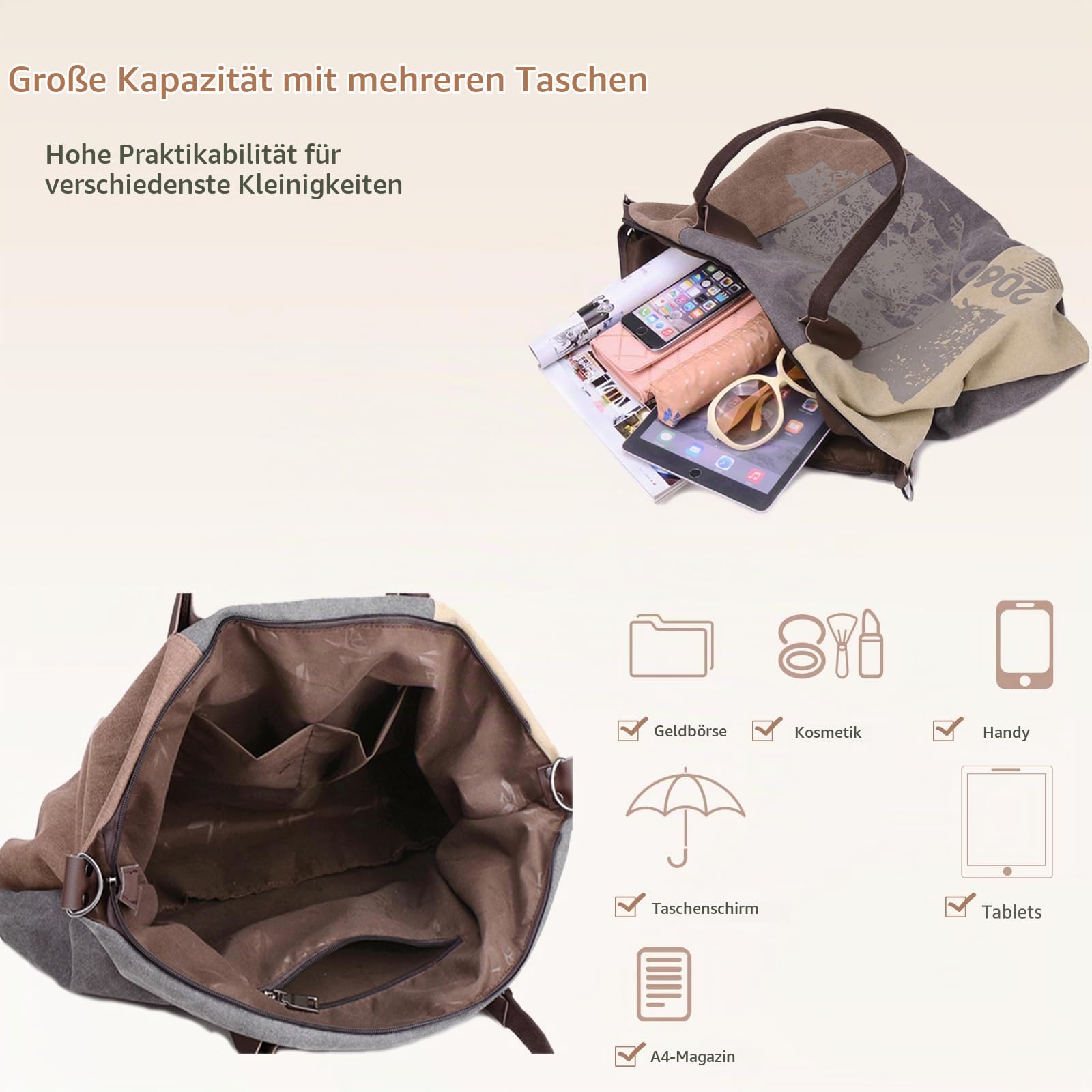 NICOLE & DORIS Canvas Damen Handtasche Henkeltaschen Tragetaschen für Frauen große Schultertasche Damen Hobo Tasche Braun