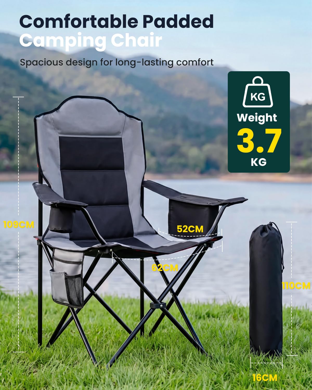 YEAUPE PRO Silla de Camping Plegable y Acolchada,Respaldo Alto,hasta 150 kg | Sillas de Pesca Extra Cómoda, con Bolsa Térmica, Portavasos y Bolsa de Transporte, para Camping, Playa, Festivales